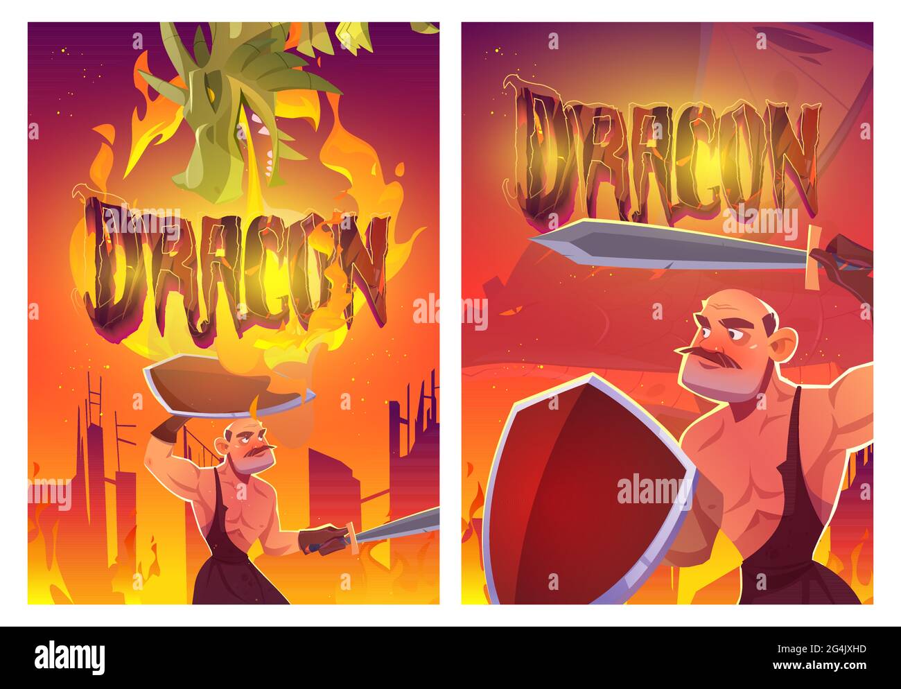 Dragon attack knight cartoon posters, magic character breathing with fire fighting with medieval warrior with sword and shield. Epic scene for fairytale game, fantasy movie or book, vector banners Stock Vector