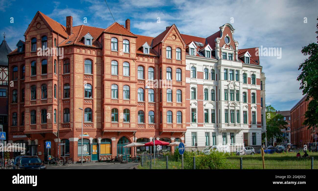HANNOVER, GERMANY. JUNE 19, 2021. Beautiful view of german city with traditional architecture. Brick wall housesю Stock Photo