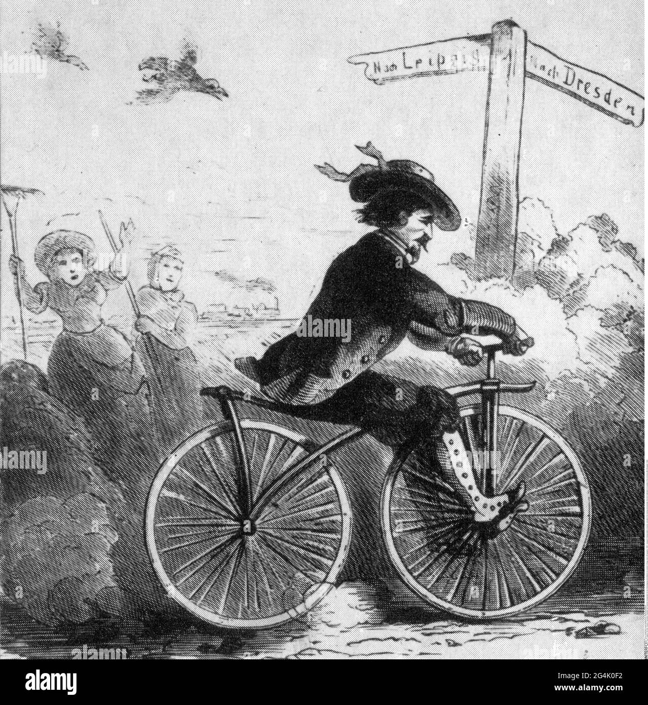 transport / transportation, bicycles, caricature, the rushing velocipediste, ARTIST'S COPYRIGHT HAS NOT TO BE CLEARED Stock Photo