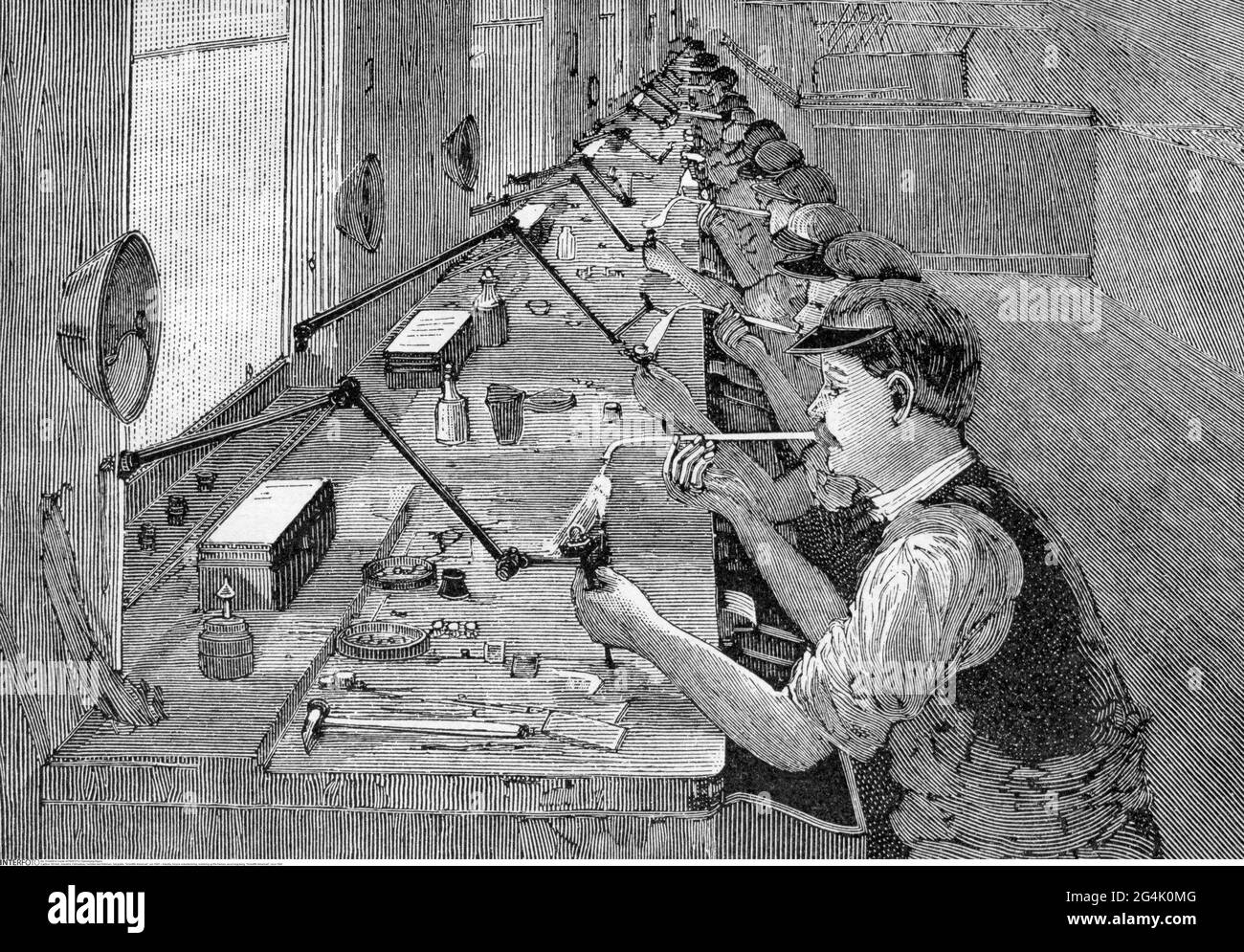 industry, bicycle manufactoring, soldering up the frames, wood engraving, 'Scientific American', circa 1895, ARTIST'S COPYRIGHT HAS NOT TO BE CLEARED Stock Photo