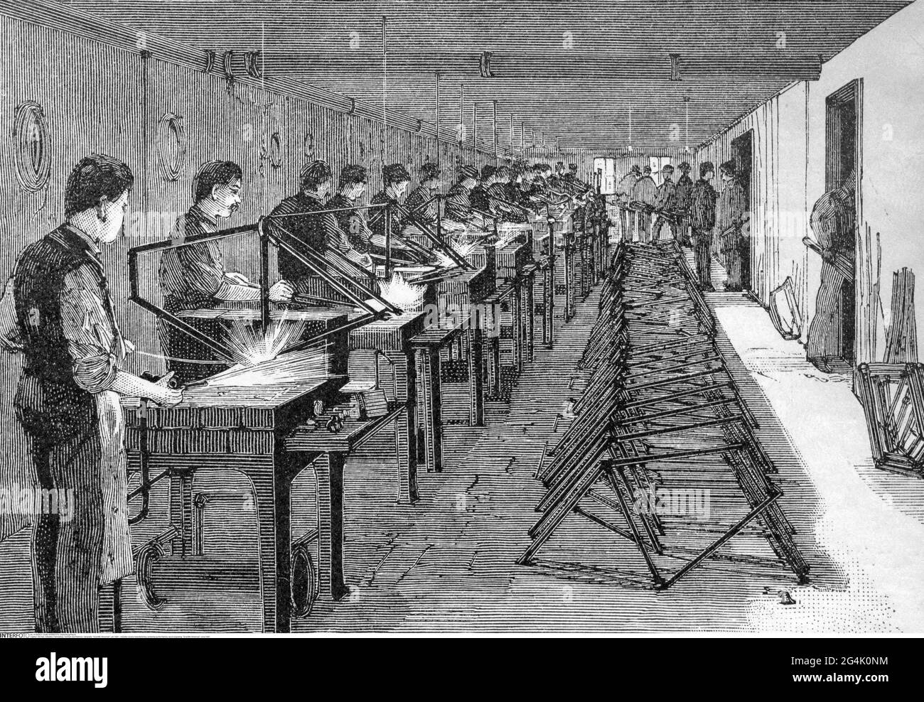 industry, bicycle manufactoring, soldering up the frames, wood engraving, 'Scientific American', circa 1895, ARTIST'S COPYRIGHT HAS NOT TO BE CLEARED Stock Photo