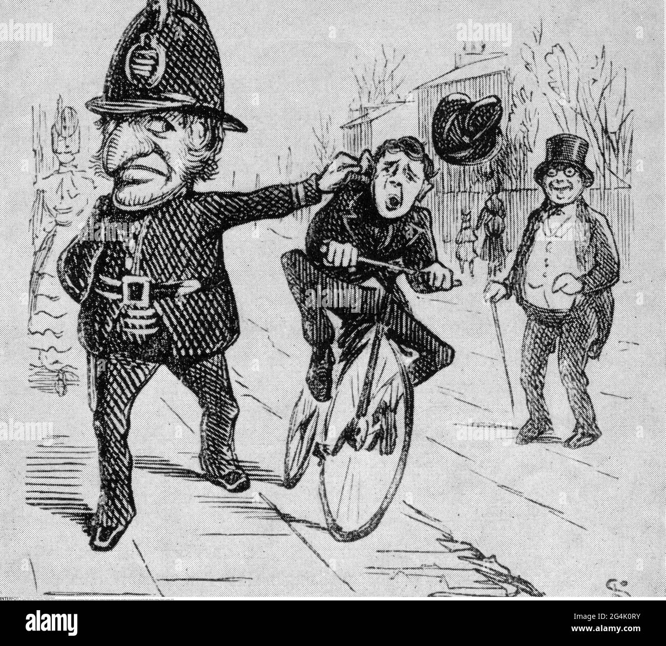 transport / transportation, bicycles, caricature, Punch as policeman and the traffic offender, drawing, ARTIST'S COPYRIGHT HAS NOT TO BE CLEARED Stock Photo