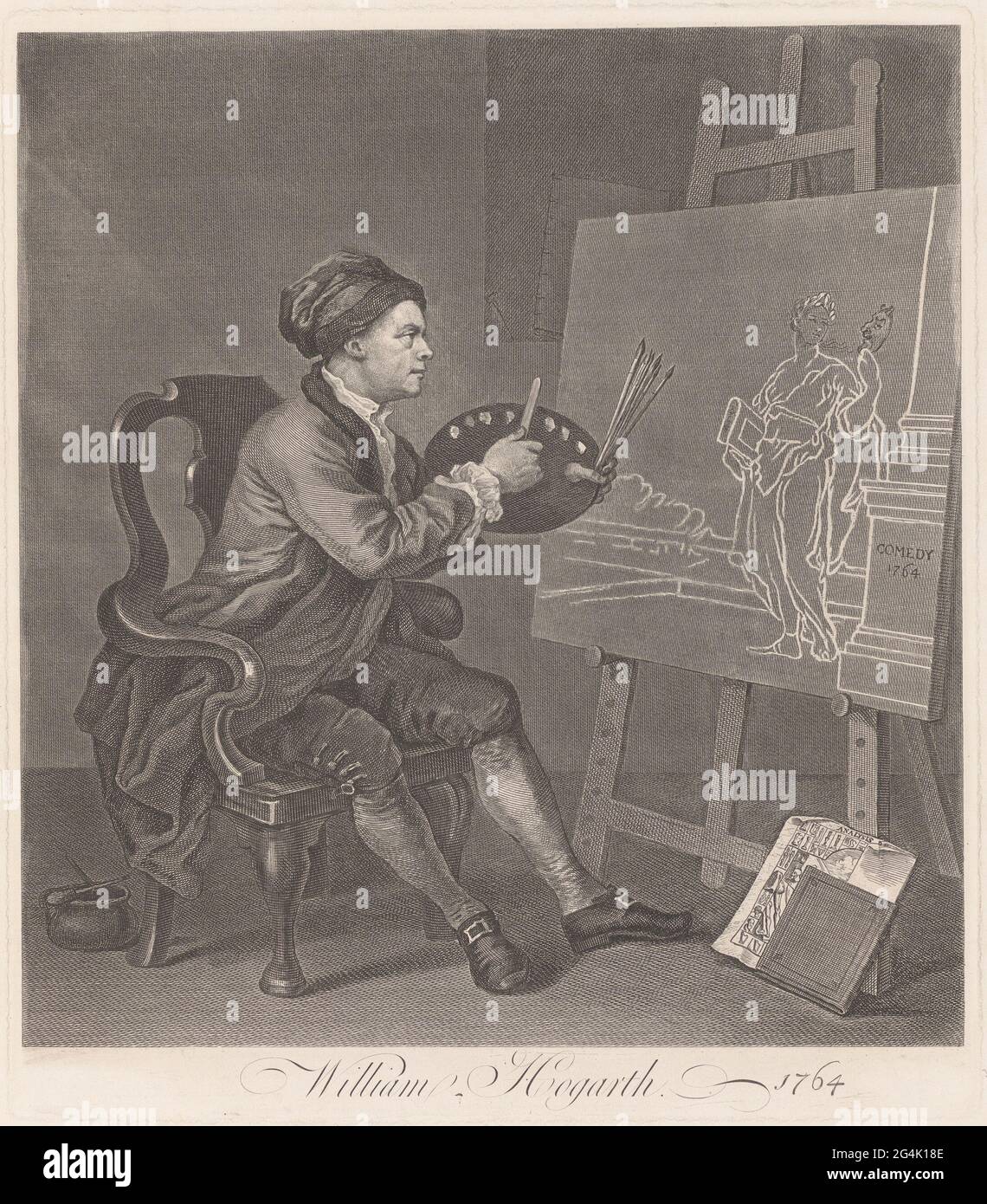 Portrait of William Hogarth. Portrait of William Hogarth behind his easel working on 'The Comic Muse'. Hogarth's work "The Analysis of Beauty" is leaning against the donkey. Stock Photo