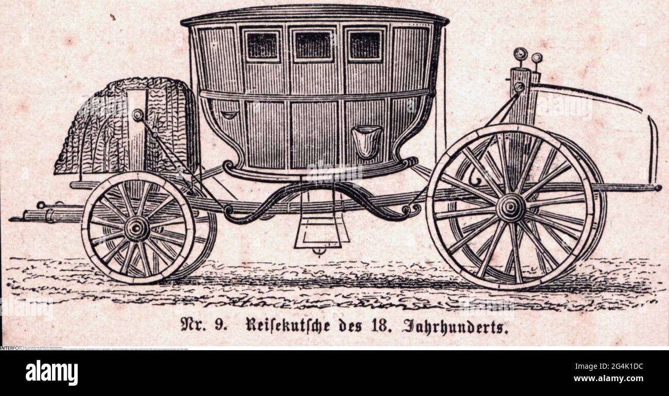 transport / transportation, coach, travel coach from the 18th century, wood engraving, Germany, ARTIST'S COPYRIGHT HAS NOT TO BE CLEARED Stock Photo