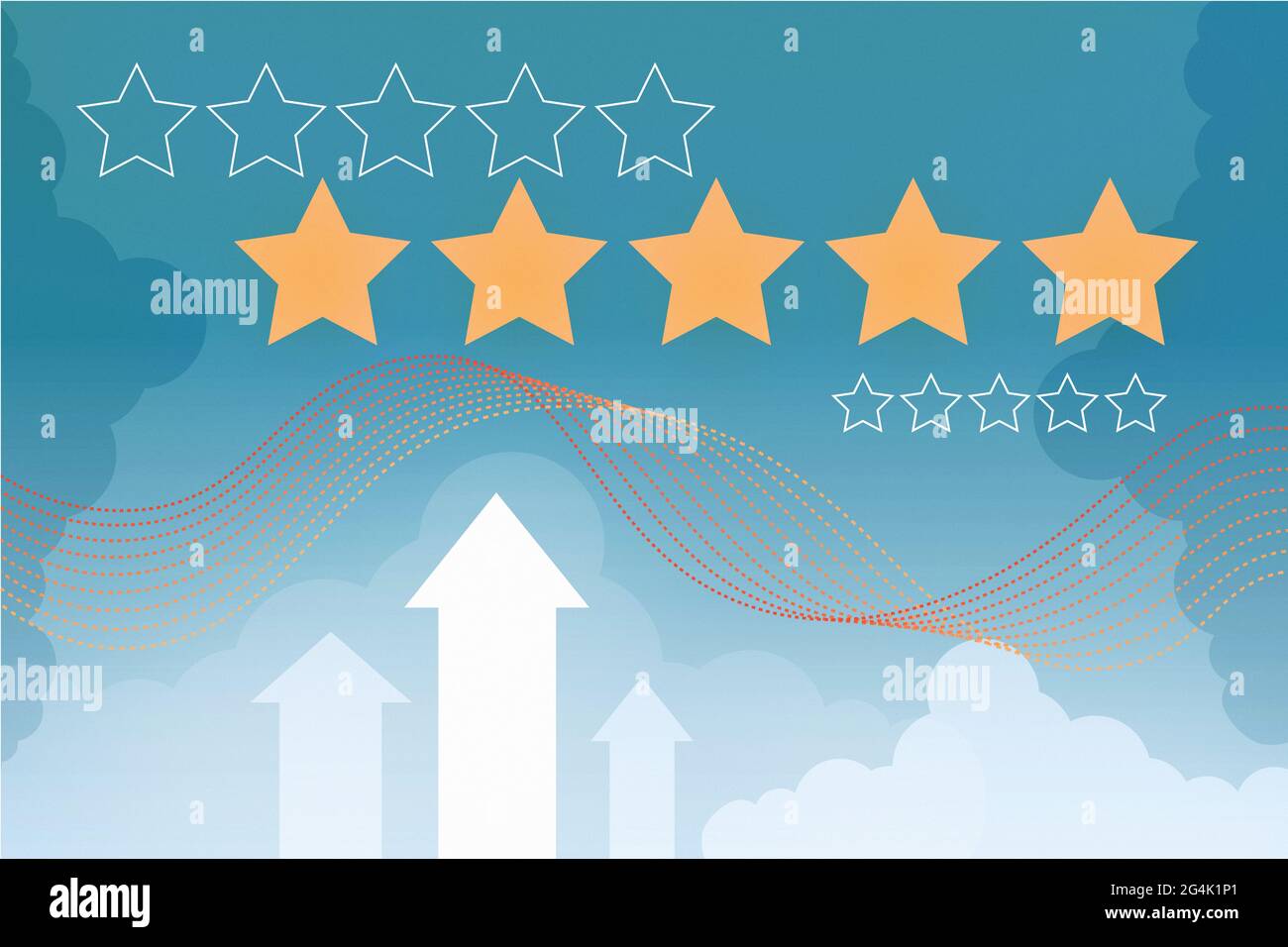 Rating five stars abstract illustration on blue baсkground for site. Customer, User feedback, review website, product evaluation, service, sharing exp Stock Photo