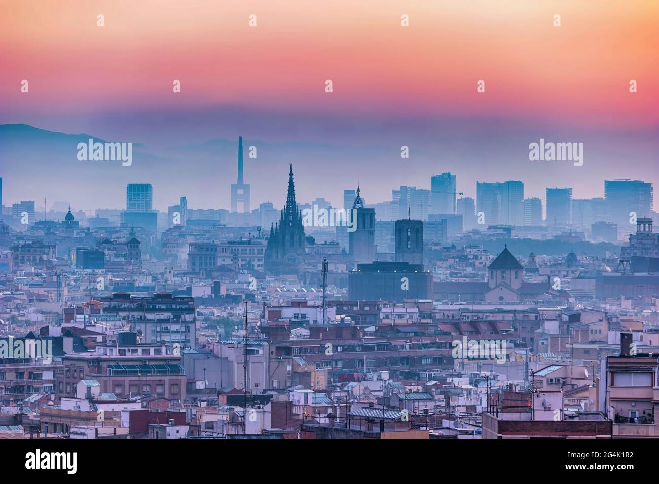 Barcelona Spain, aerial view sunrise city skyline at city center Stock ...