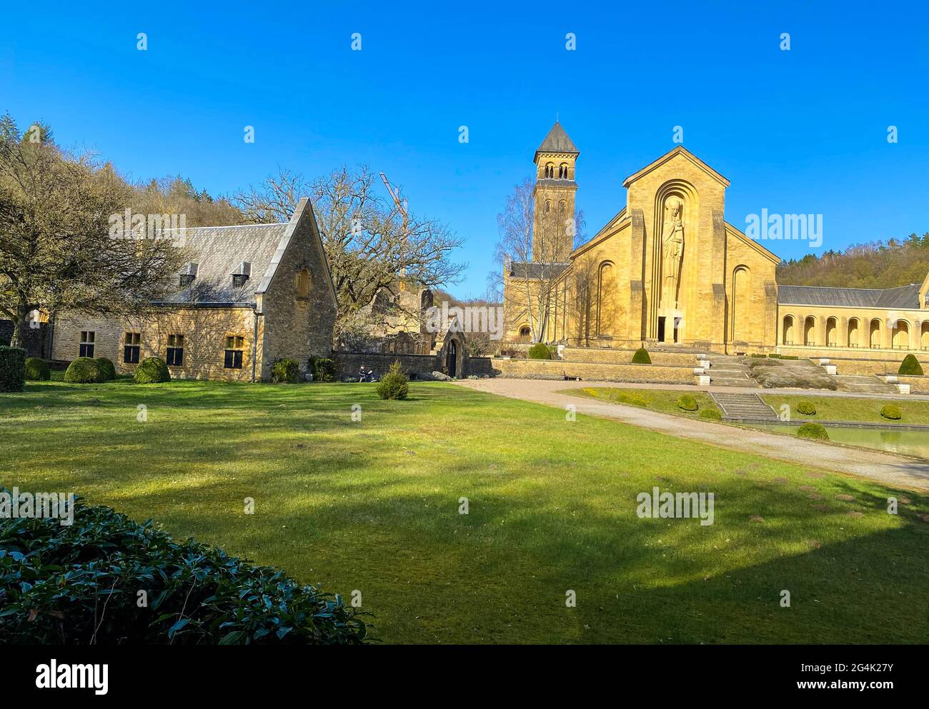 Trappist Cistercian Orval Abbey or Abbaye Notre-Dame d'Orval, Trappist beer, Villers-devant-Orval, Luxembourg, Belgium Stock Photo