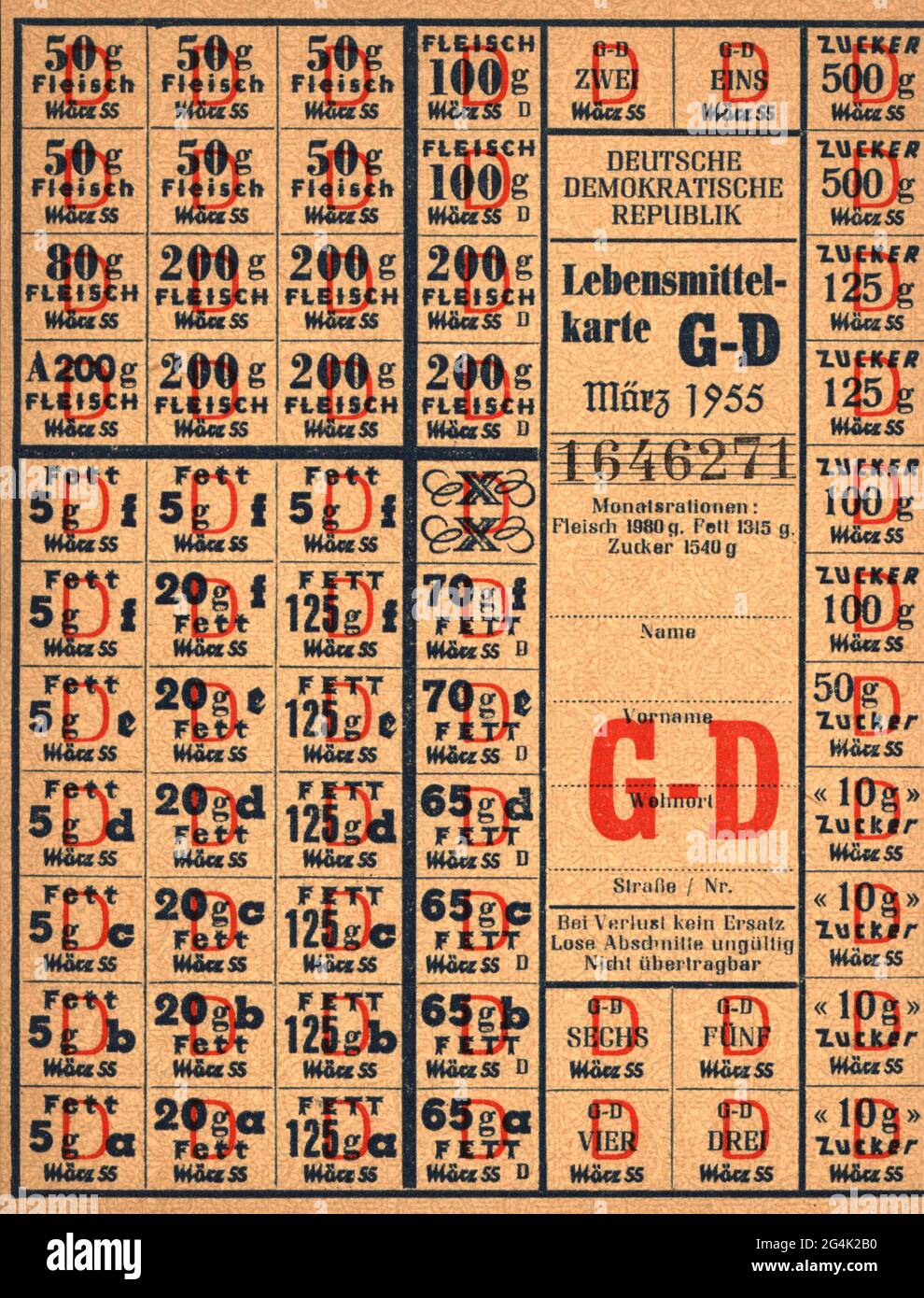 trade, food, ration card, for meat, fat and sugar, German Democratic Republic, March 1955, ADDITIONAL-RIGHTS-CLEARANCE-INFO-NOT-AVAILABLE Stock Photo
