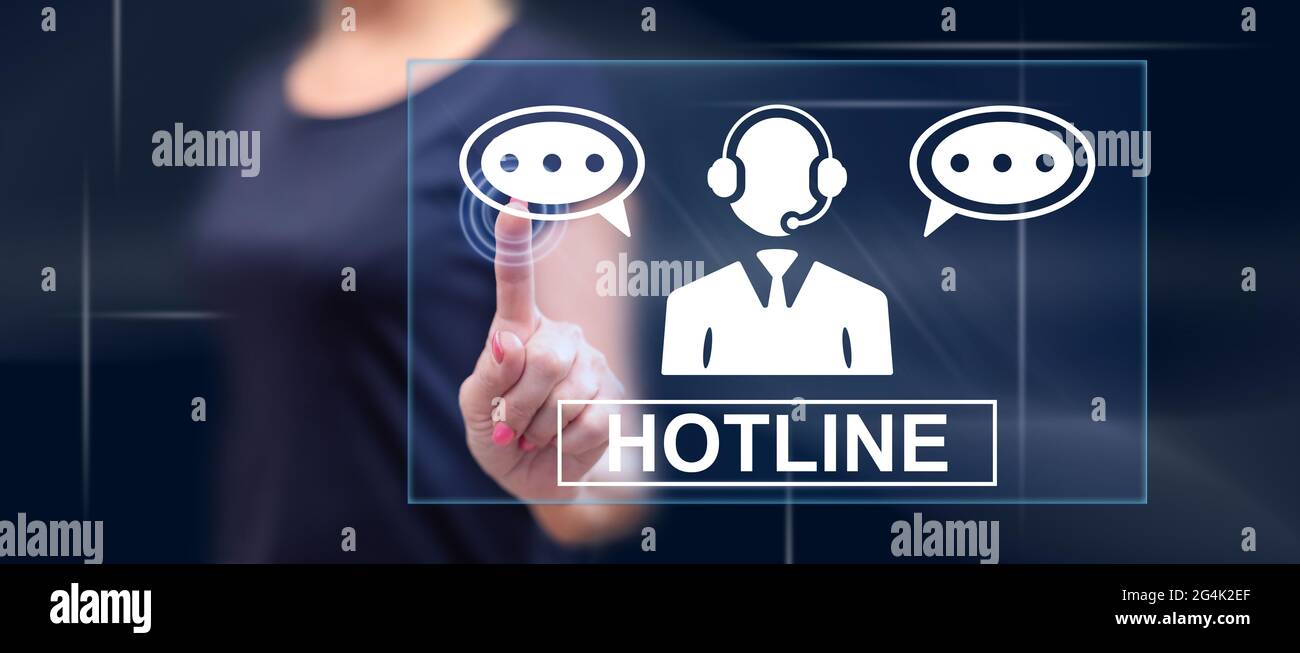 Woman touching a hotline concept on a touch screen with her finger ...