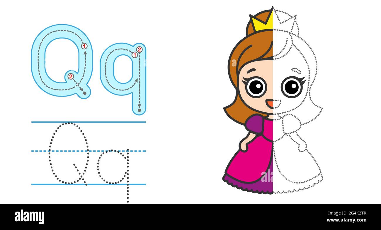 Trace the letter and picture and color it. Educational children tracing game. Coloring alphabet. Letter Q and funny Queen Stock Vector