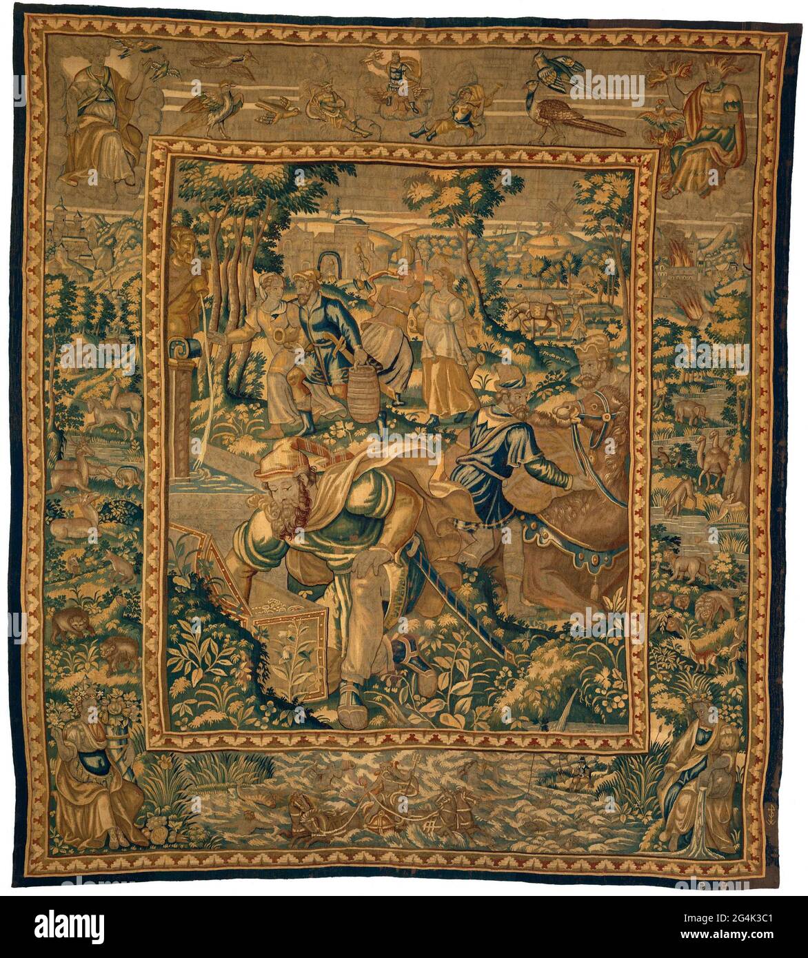 . Tapestry with the arrival of Eliezer (Gen. 24 and 29), from a series of tapestries with the history of Rebekka and eleron (GEN.24) with edges with animals and in the corners the four elements; With the weaver brand of Willem de Kempeneere. Stock Photo