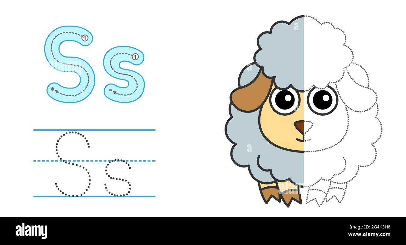 Trace the letter and picture and color it. Educational children tracing game. Coloring alphabet. Letter S and funny Sheep Stock Vector