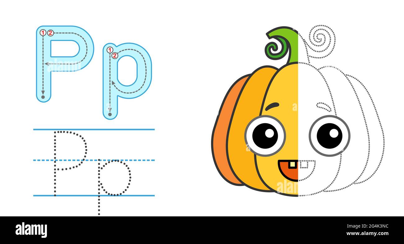 Trace the letter and picture and color it. Educational children tracing game. Coloring alphabet. Letter P and funny Pumpkin Stock Vector