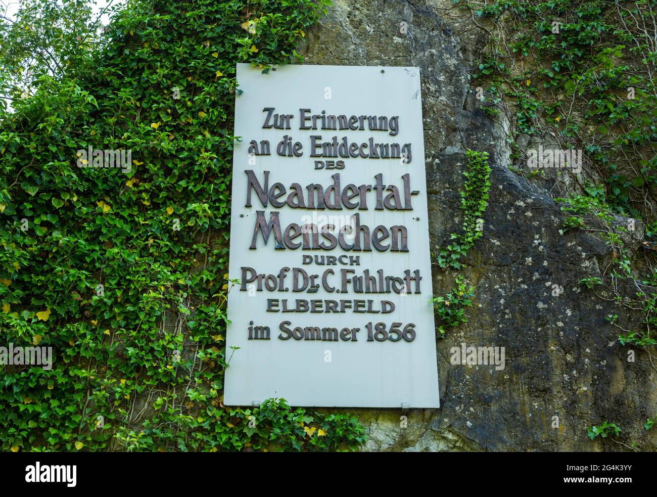 Germany, Erkrath, Bergisches Land, Niederbergisches Land, Niederberg, Rhineland, North Rhine-Westphalia, NRW, human history, excavations, archeological site Neandertal, Rabenstein Rock at the entrance to the provenance Feldhof Grotto where human remains of the Neanderthal man Homo sapiens neanderthalensis had been found, plaque of remembrance to Johann Carl Fuhlrott Stock Photo