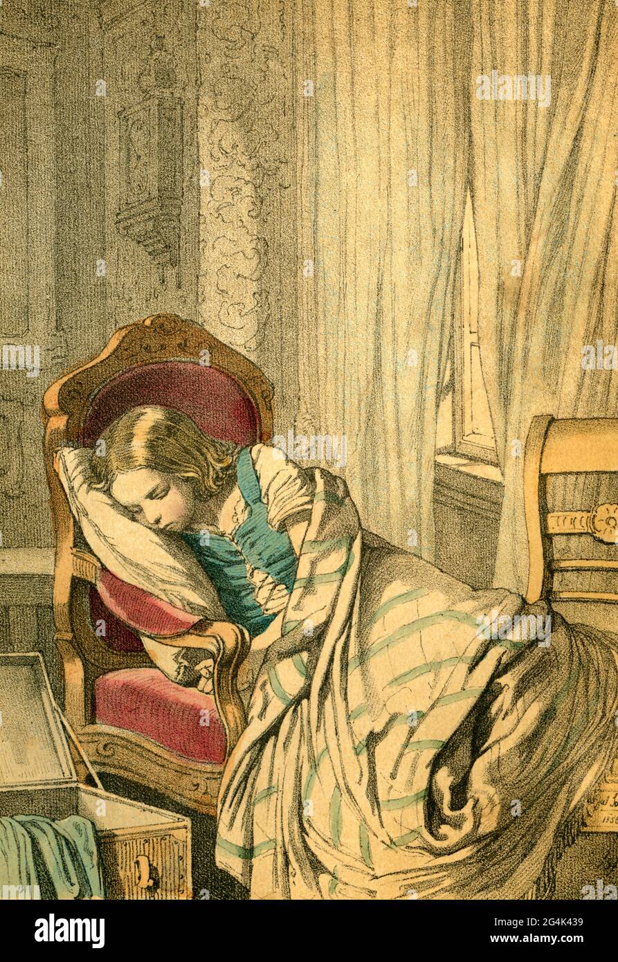 Germany, Saxony, Dresden, sleeping girl, coloured illustration from: 'Die Geschwister' (the siblings), ADDITIONAL-RIGHTS-CLEARANCE-INFO-NOT-AVAILABLE Stock Photo