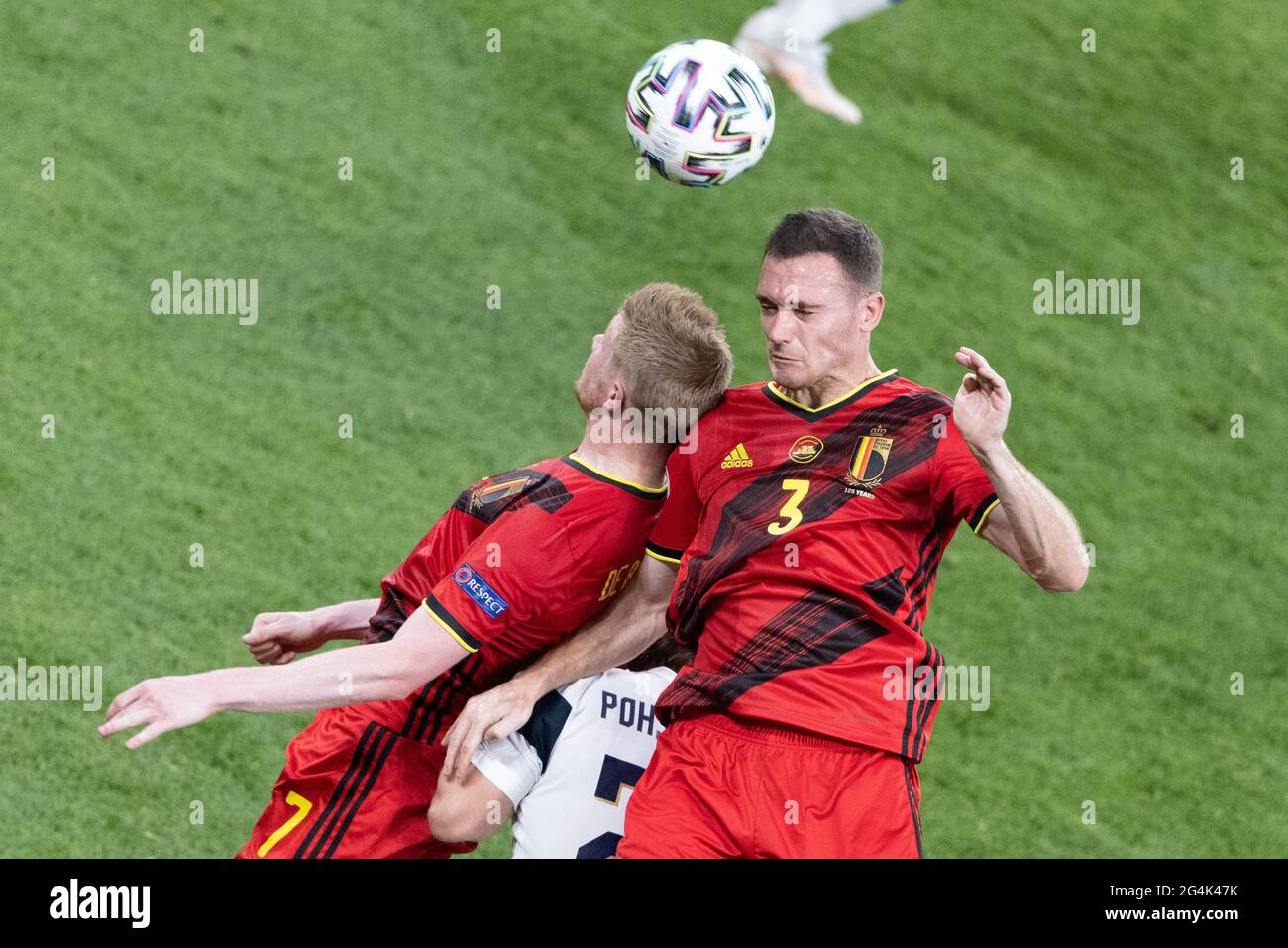 Kevin de Bruyne competes for a header during the UEFA Euro 2020 Championship Group B match between Finland and Belgium at Saint Petersburg Stadium on June 21, 2021 in Saint Petersburg, Russia Stock Photo