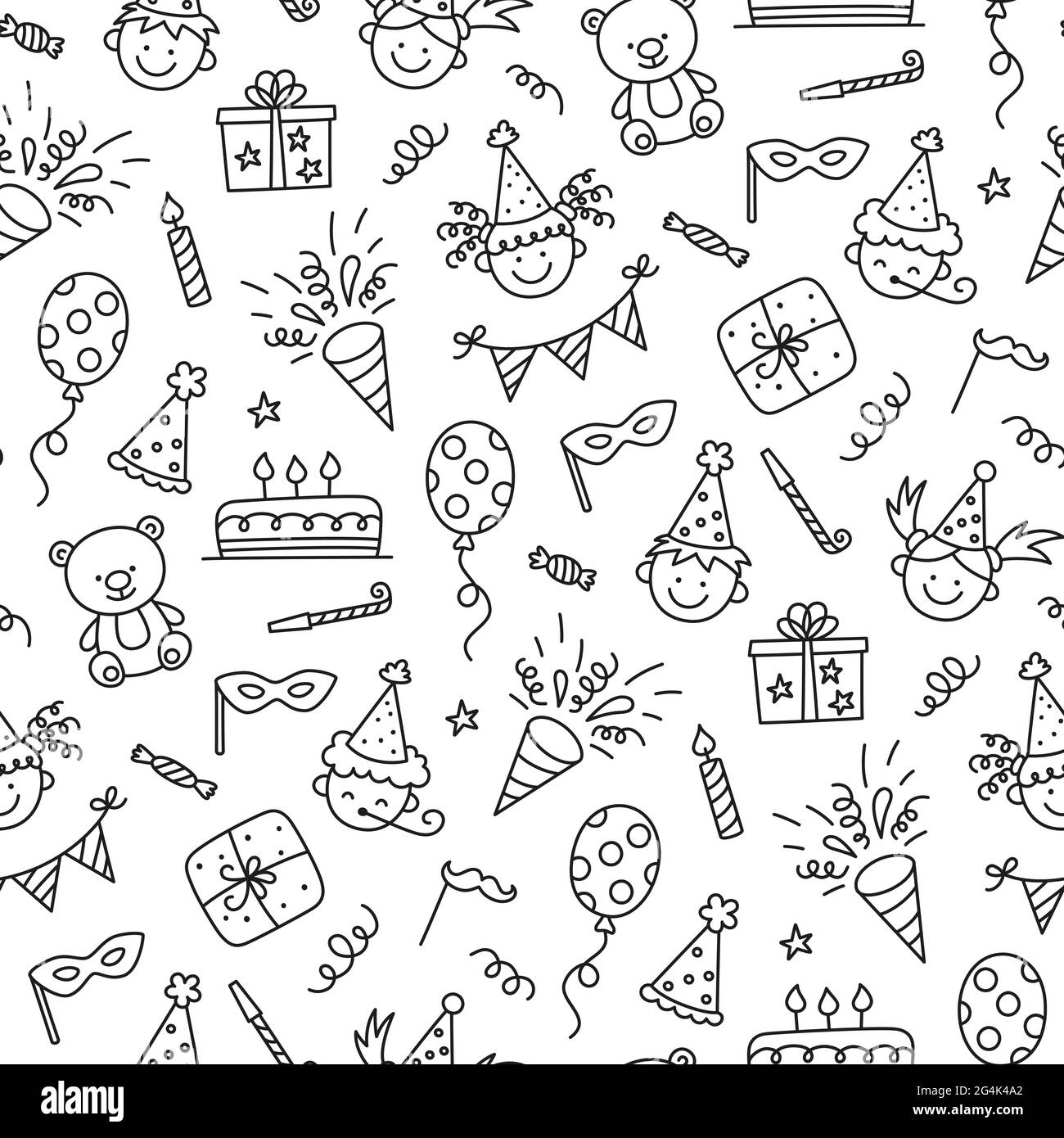 Seamless pattern with Happy Birthday doodles. Sketch of party decoration,  funny smily children face, gift box and cute cake. Children drawing. Hand  Stock Vector Image & Art - Alamy