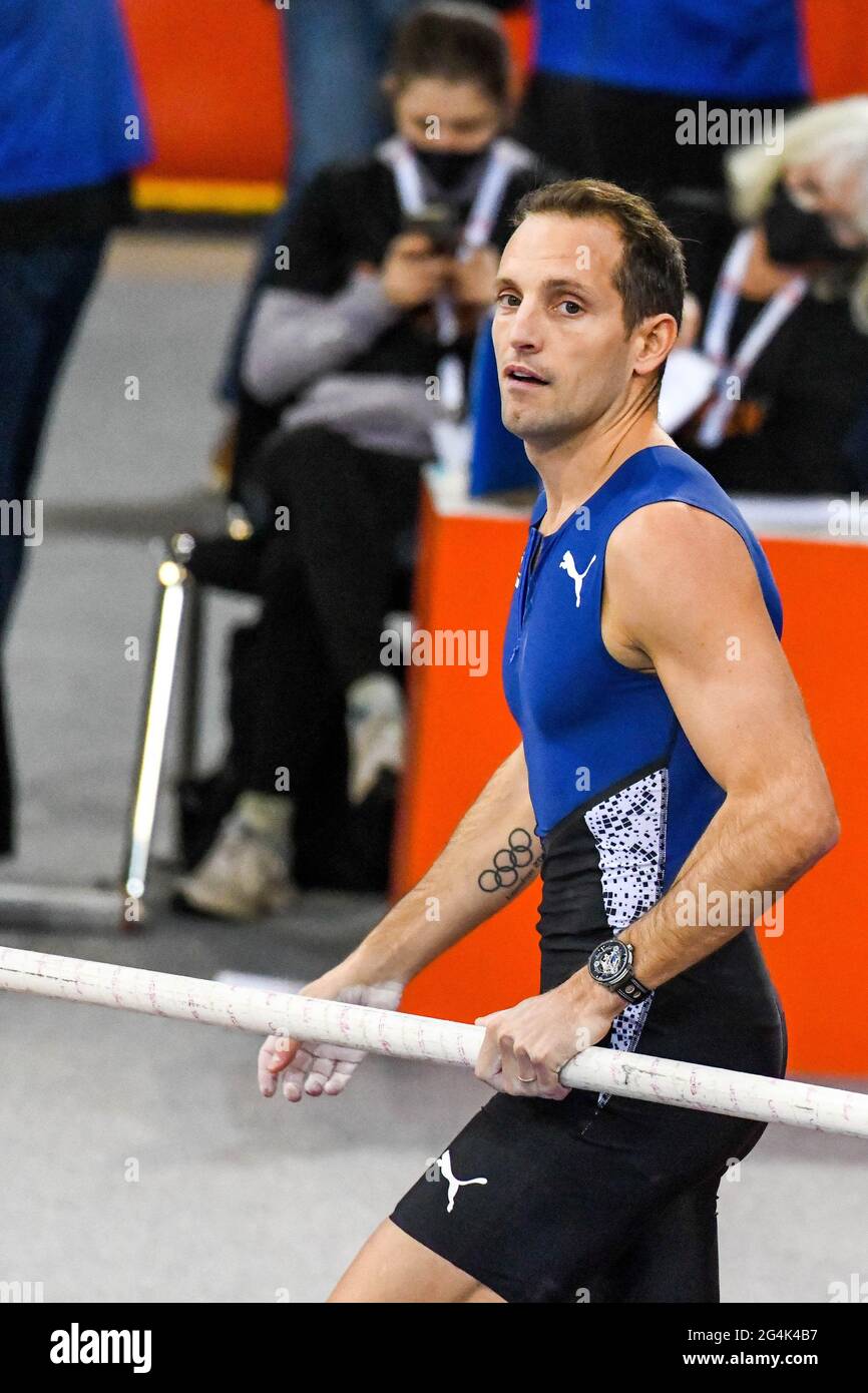 Pole vaulter Renaud Lavillenie attending the “Perche Elite Tour” in Rouen (northern France) on February 6, 2021 Stock Photo