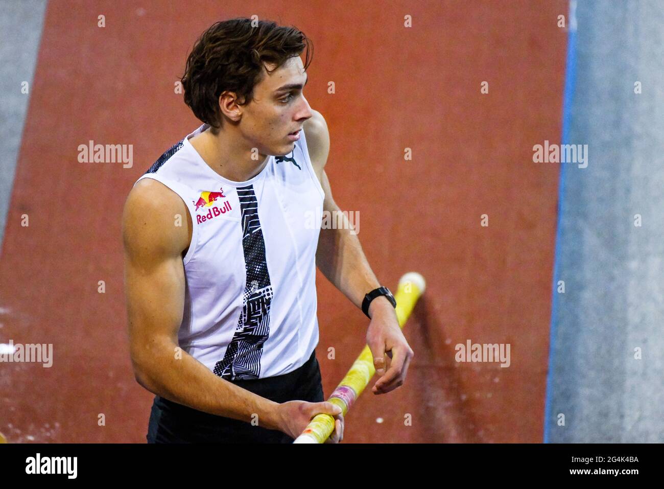 Pole vaulter Armand Duplantis attending the “Perche Elite Tour” in Rouen (northern France) on February 6, 2021 Stock Photo