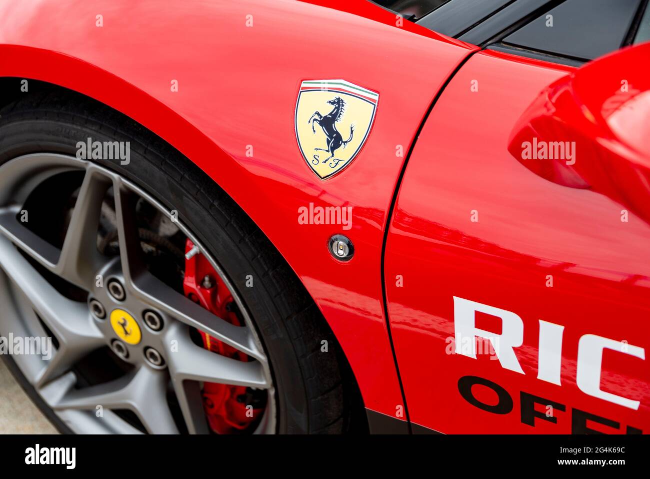 A Ferrari logo seen on a car during the Ferrari Challenge races at the ...