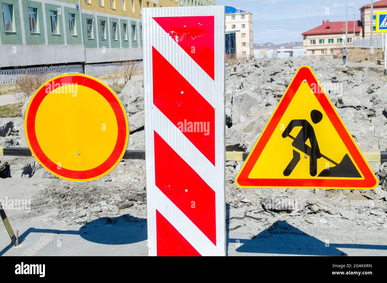 Road Markers At A Construction Site Stock Photo, Picture and