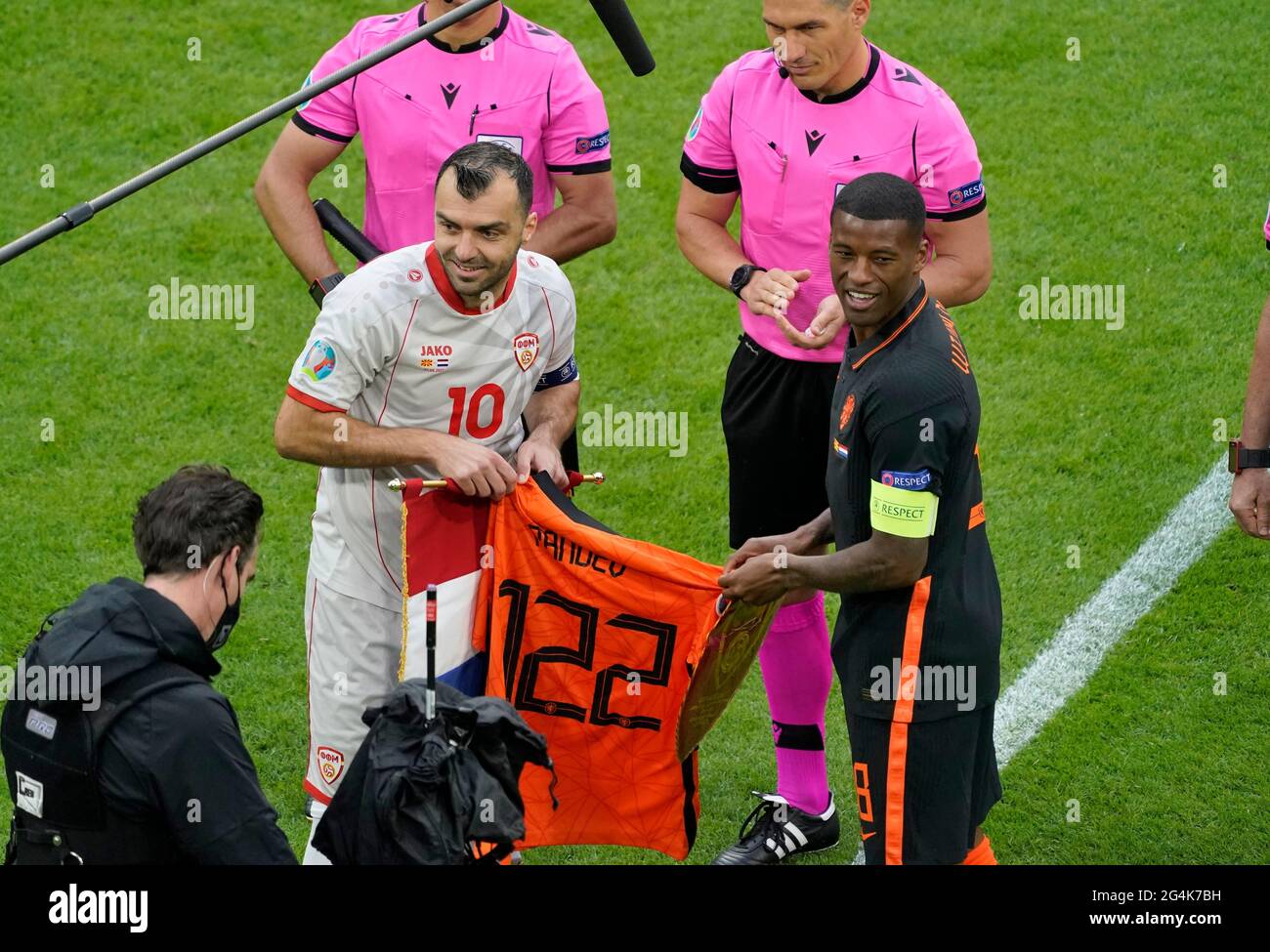 Amsterdam, Netherlands.21st June, 2021. Georginio Wijnaldum of the Netherlands and Goran Pandev of Macedonia during the UEFA EURO 2020 Group C football match between North Macedonia and the Netherlands on June 21, 2021 at the Johan Cruijff Arena in Amsterdam. Photo by SCS/Soenar Chamid/AFLO (HOLLAND OUT) Stock Photo