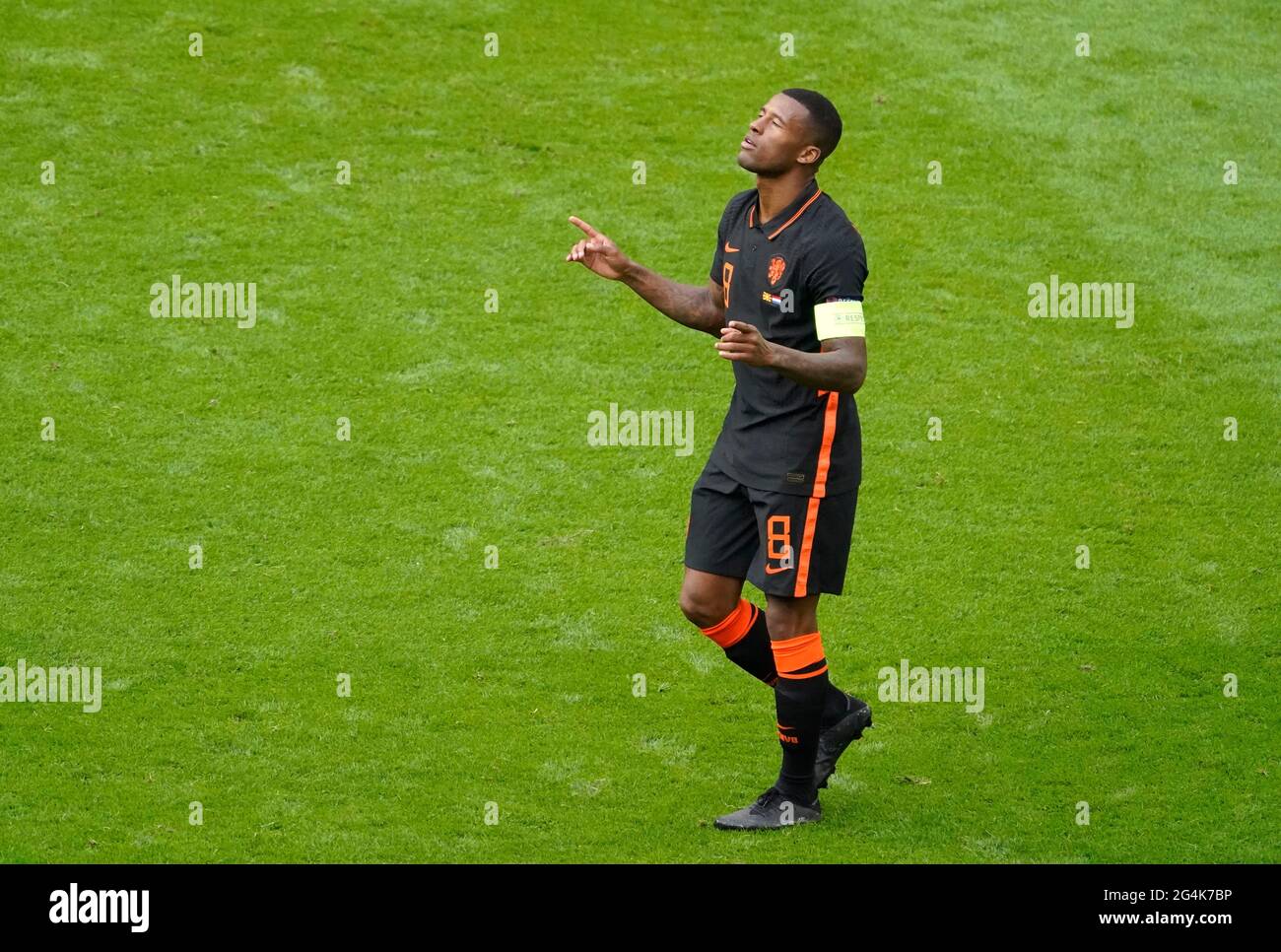 Amsterdam, Netherlands.21st June, 2021. Georginio Wijnaldum of the Netherlands and Goran Pandev of Macedonia during the UEFA EURO 2020 Group C football match between North Macedonia and the Netherlands on June 21, 2021 at the Johan Cruijff Arena in Amsterdam. Photo by SCS/Soenar Chamid/AFLO (HOLLAND OUT) Stock Photo