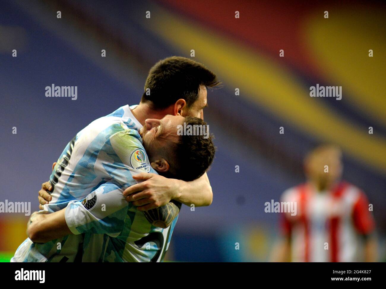 BRASILIA, BRAZIL - JUNE 21: Alejandro Papu Gomez of Argentina celebrates with his team mates Lionel Messi after scores his gol ,during the match between Argentina and Paraguay at Mane Garrincha Stadium on June 21, 2021 in Brasilia, Brazil. (MB Media) Stock Photo