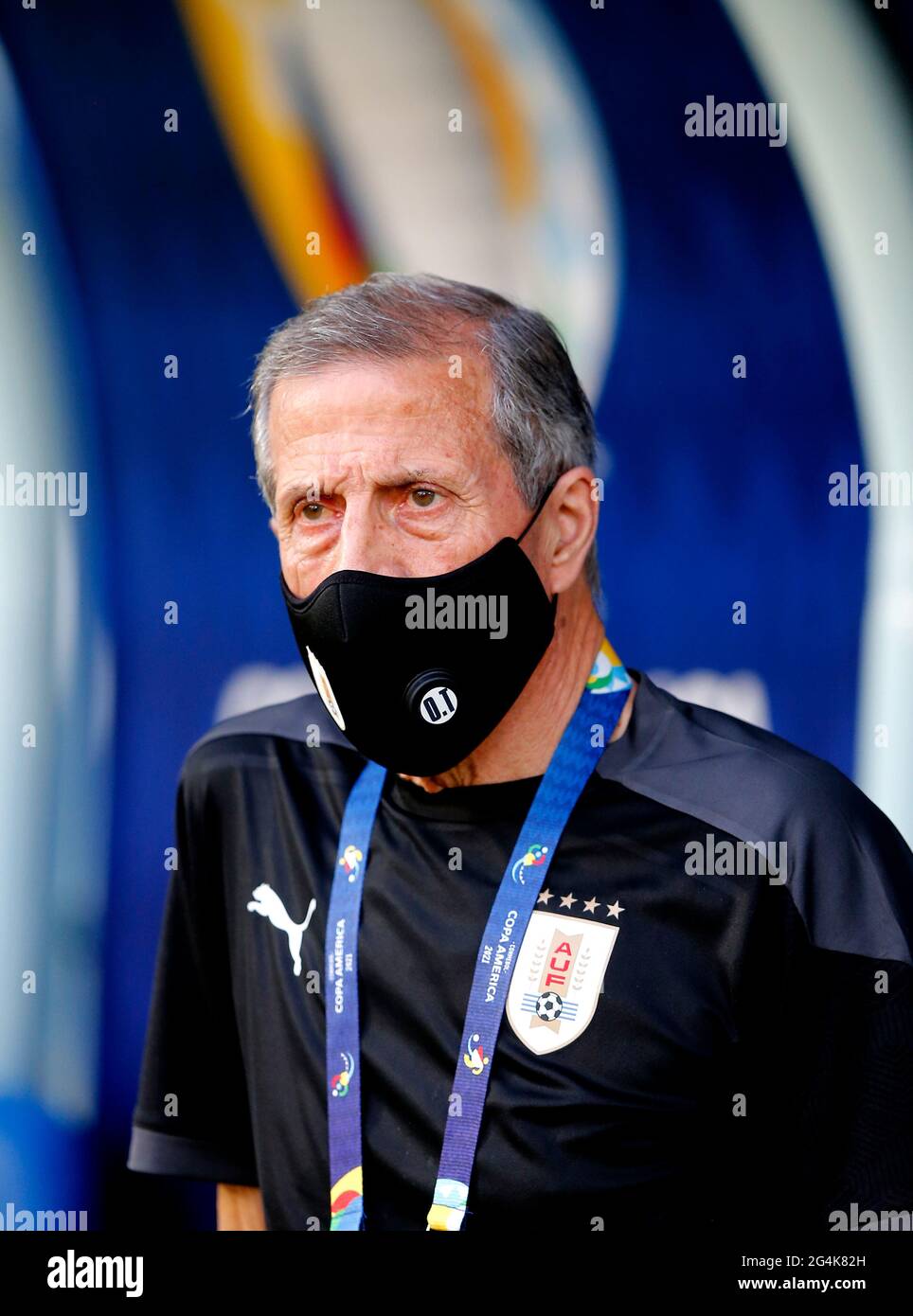 CUIABA, BRAZIL - JUNE 21: Oscar Tabarez Head Coach of Uruguay looks on ,during the match between Uruguay and Chile as part of Conmebol Copa America Brazil 2021 at Arena Pantanal on June 21, 2021 in Cuiaba, Brazil. (MB Media) Stock Photo