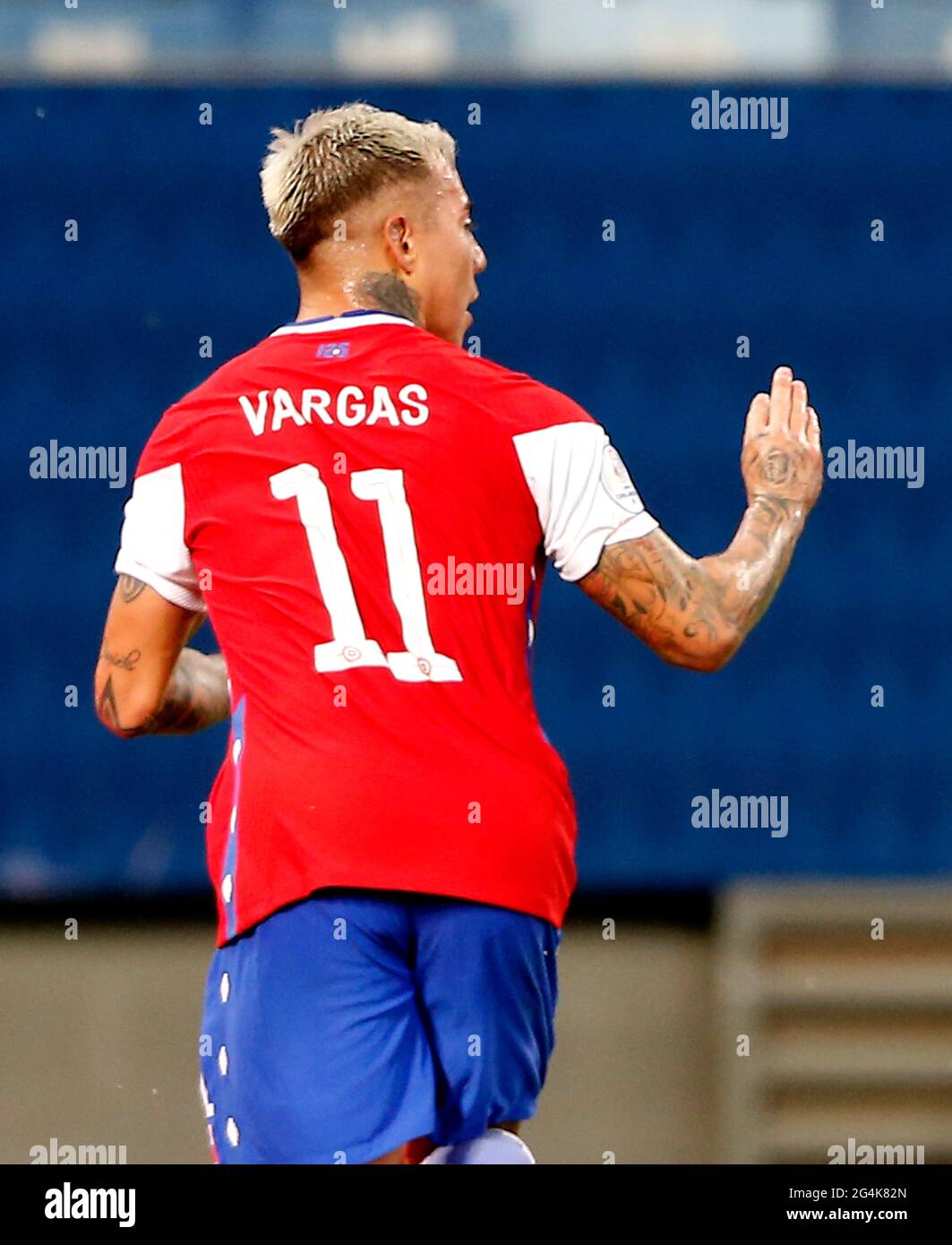 CUIABA, BRAZIL - JUNE 21: Eduardo Vargas of Chile celebrates after scores his gol ,during the match between Uruguay and Chile as part of Conmebol Copa America Brazil 2021 at Arena Pantanal on June 21, 2021 in Cuiaba, Brazil. (MB Media) Stock Photo