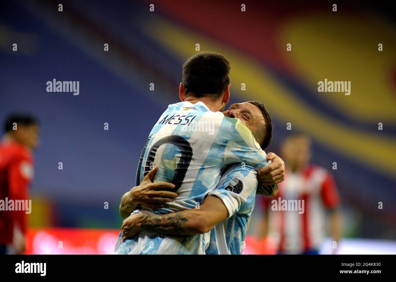 BRASILIA, BRAZIL - JUNE 21: Alejandro Papu Gomez of Argentina celebrates with his team mates Lionel Messi after scores his gol ,during the match between Argentina and Paraguay at Mane Garrincha Stadium on June 21, 2021 in Brasilia, Brazil. (MB Media) Stock Photo