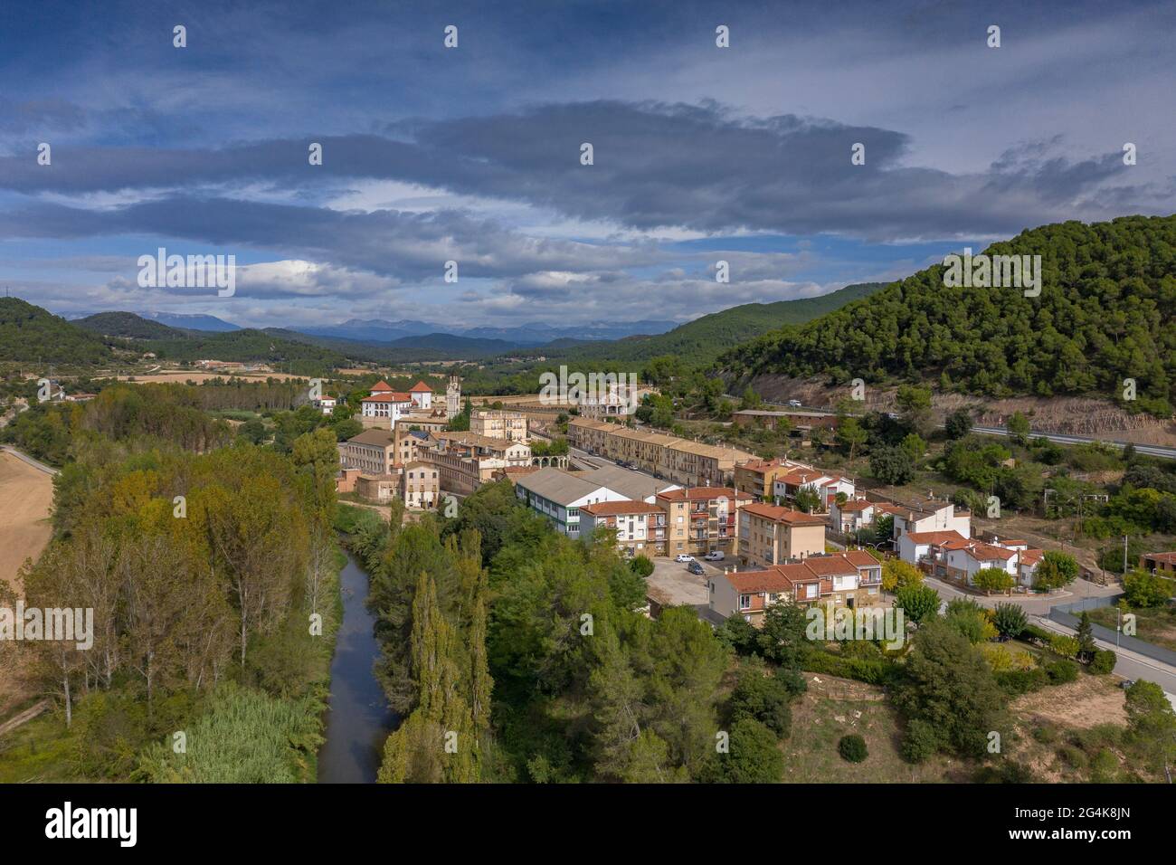 Aerial view of the textile company town of Palà de Torroella, in Navàs (Bages, Barcelona, Catalonia, Spain) ESP: Vista aérea de Palà de Torroella Stock Photo