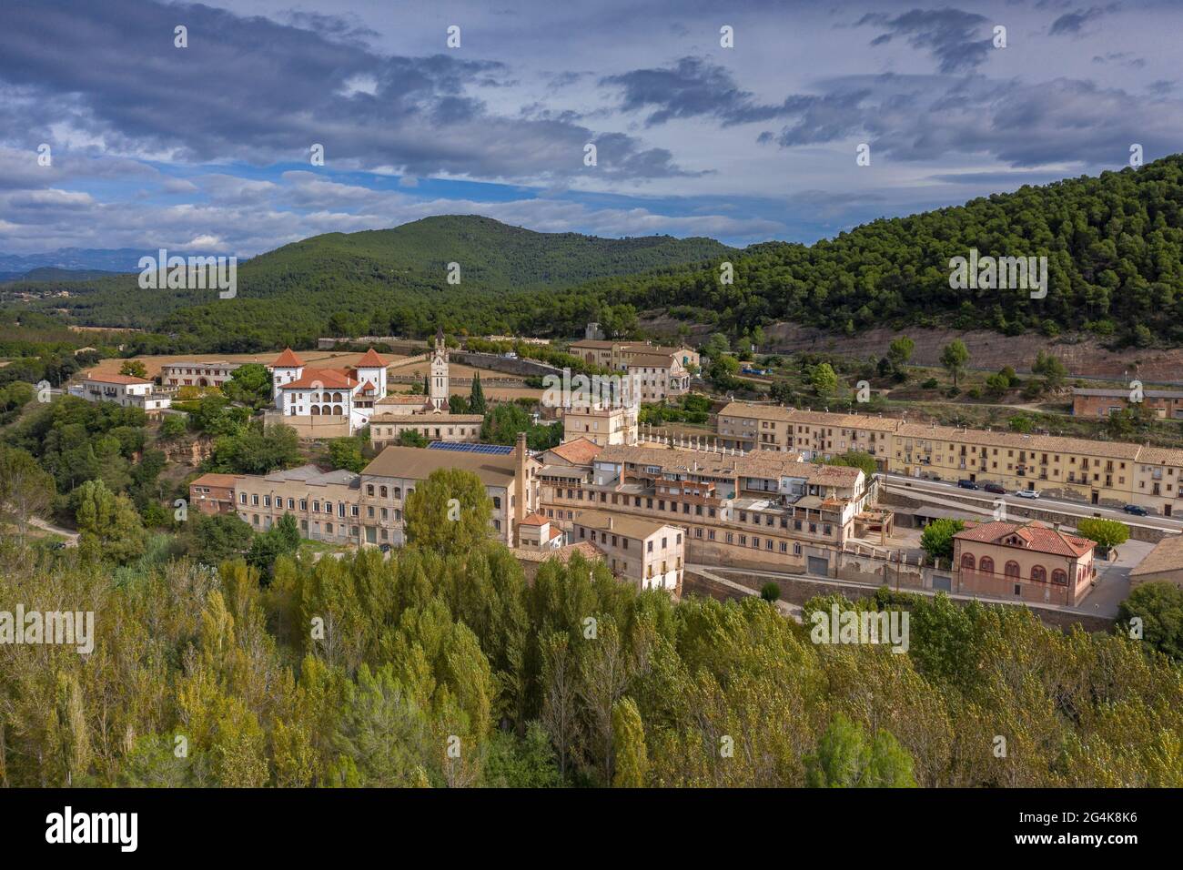 Aerial view of the textile company town of Palà de Torroella, in Navàs (Bages, Barcelona, Catalonia, Spain) ESP: Vista aérea de Palà de Torroella Stock Photo