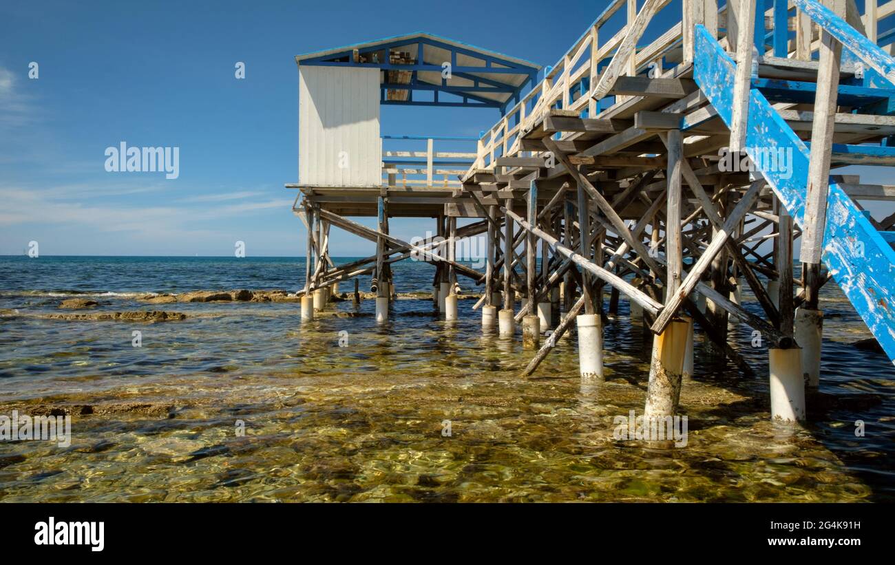 Beach stilt house also called palafitta in the seaside of Santa Marinella , Rome , Italy Stock Photo