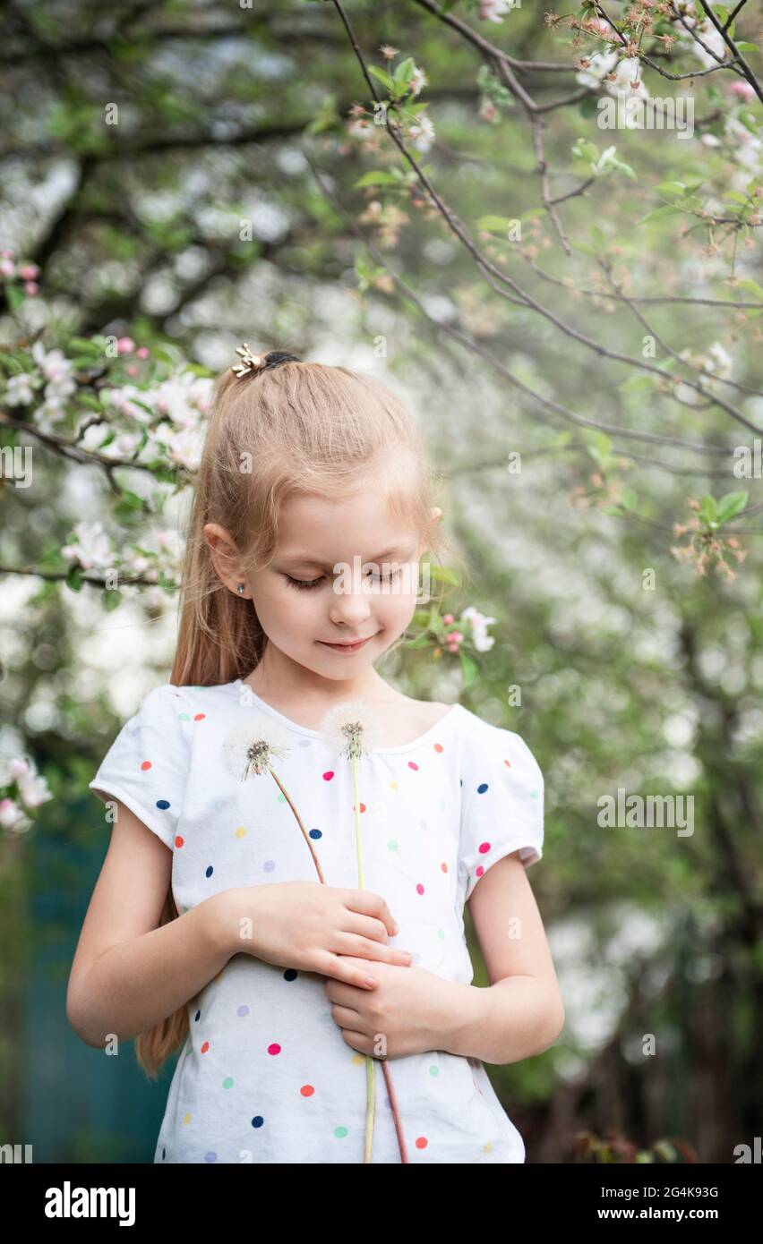 Little girl in a spring garden with white dandelions in her hands Stock ...