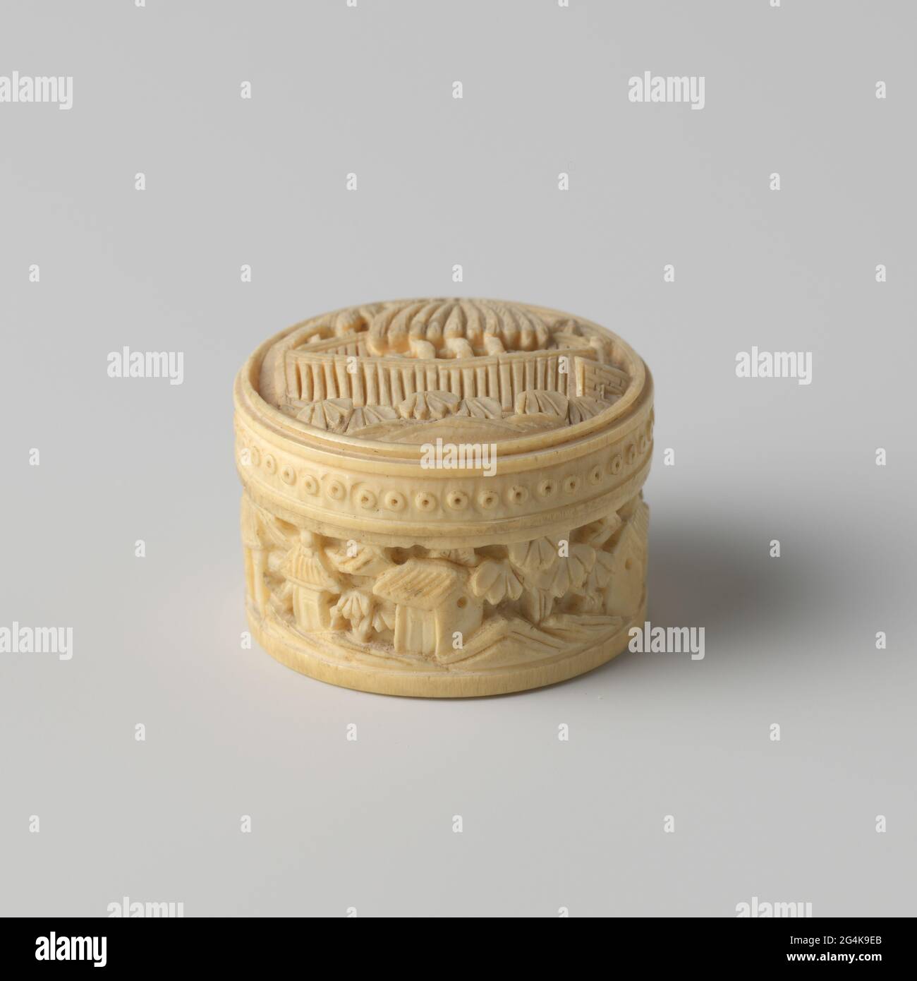 Download Small Round Ivory Box With Engraved Pearl Chips Small Round Box With A Convex Lid The Lid And Sides Decorated In High Relief On The Lid A Curious Show Of Three Trees