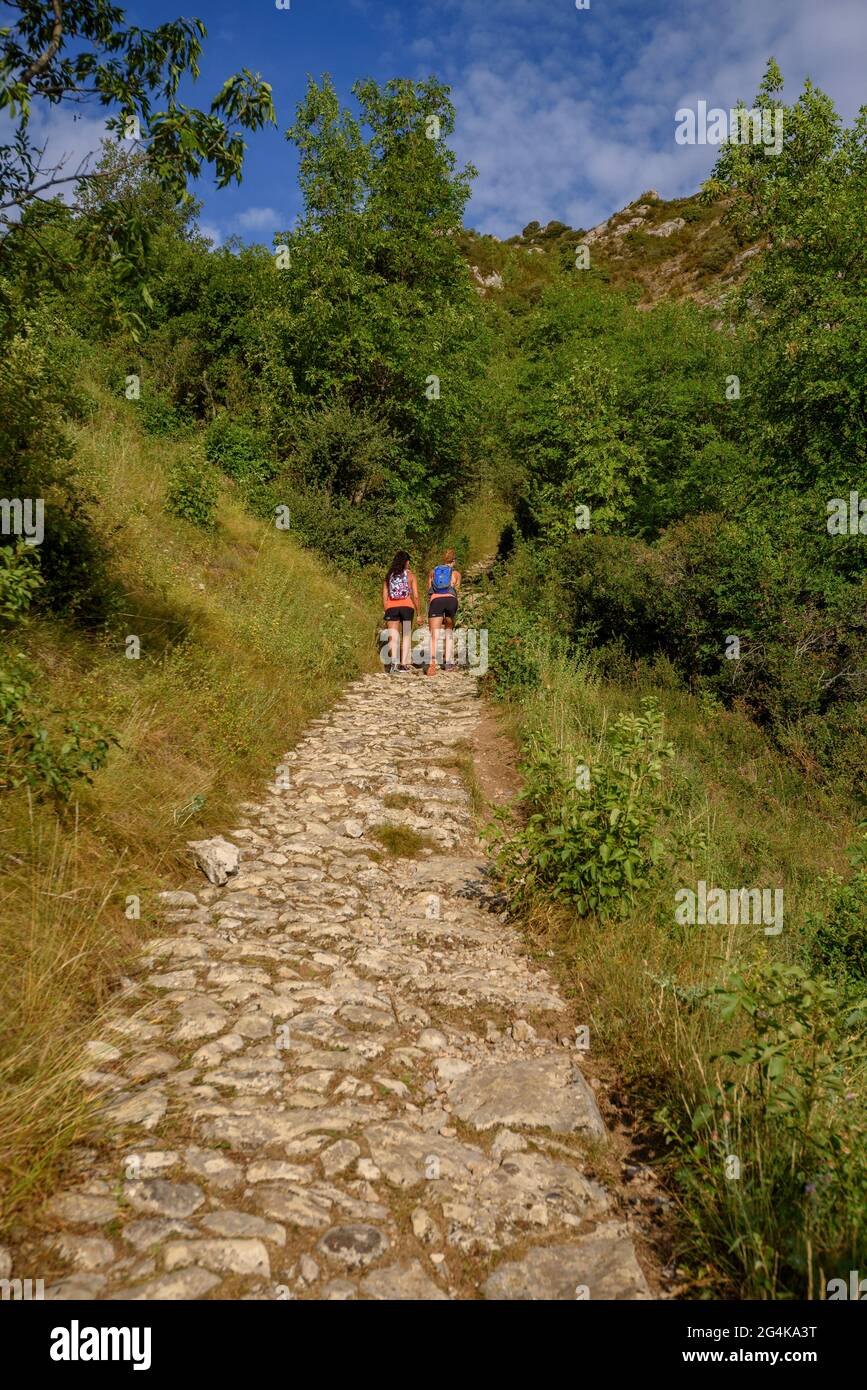 Hikers walking from Berga to the Queralt sanctuary along the Camí de la Solana path (Berguedà, Catalonia, Spain, Pyrenees) Stock Photo