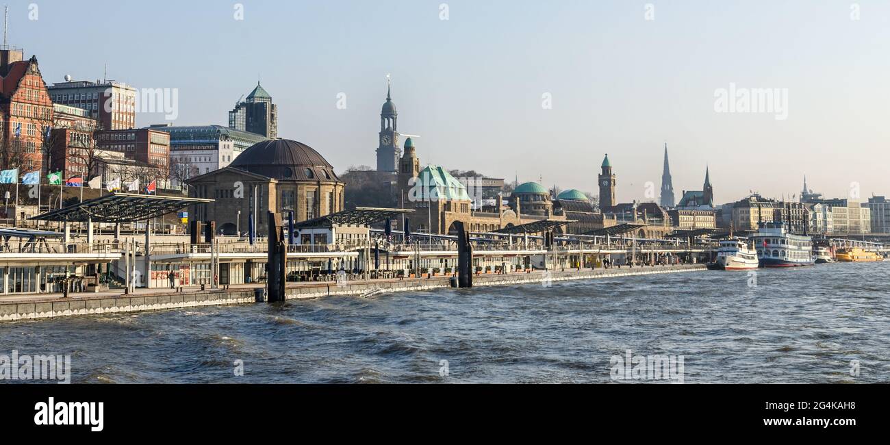 Panorama shot of the famous St. Pauli Landungsbrücken waterfront in Hamburg, Germany Stock Photo