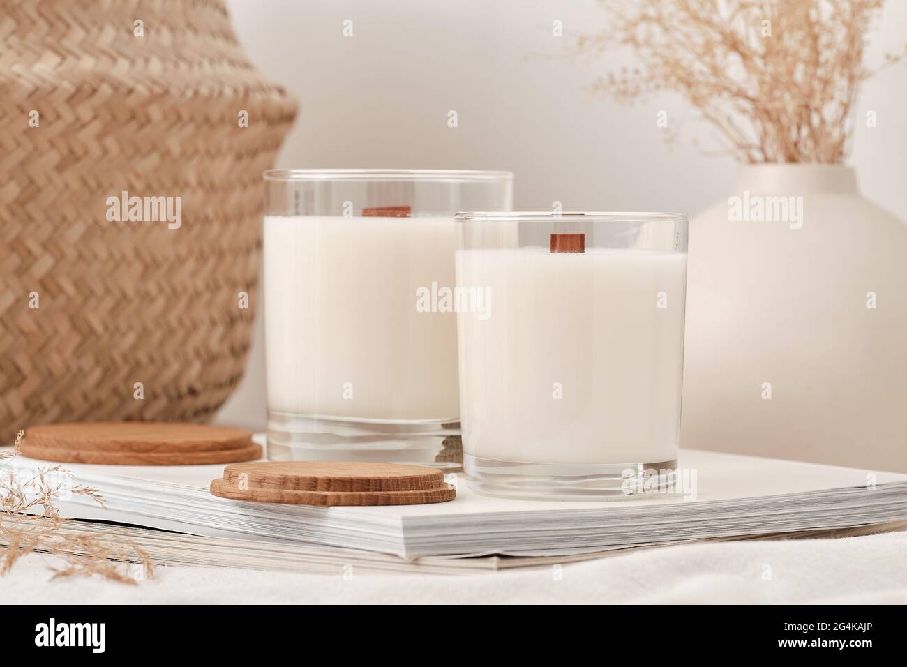 Handmade scented candles in a glass with a wooden lid. Soy wax candles ...