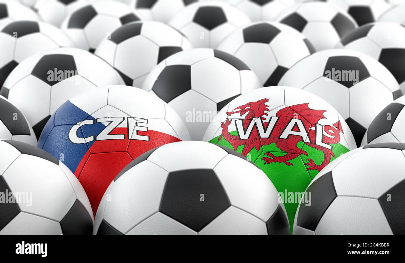 Wales vs. Czech Republic Soccer Match - Leather balls in Wales and Czech Republic national colors. 3D Rendering Stock Photo