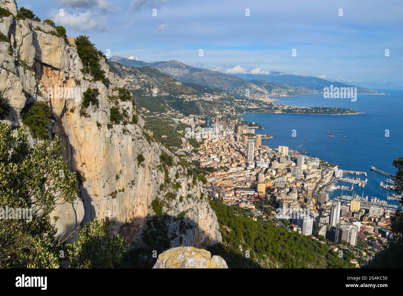 Aerial panoramic view of Monte Carlo, Monaco from Tete de Chien. Stock Photo
