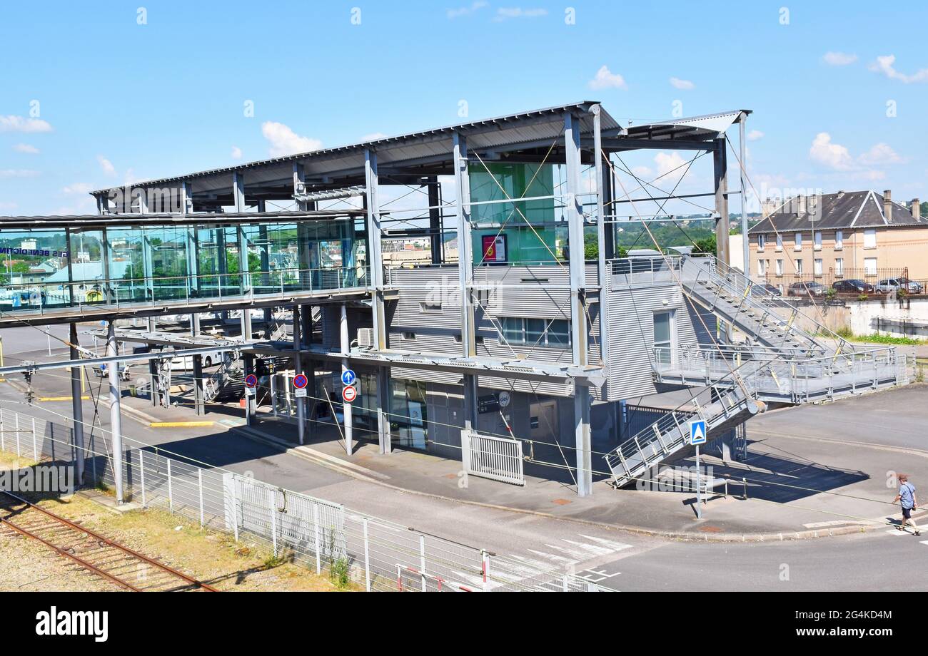Limoges, France, the central bus-station, alongside the railway station, in an all metal and glass hi-tec style, contrasts with the Beaux-Arts station Stock Photo
