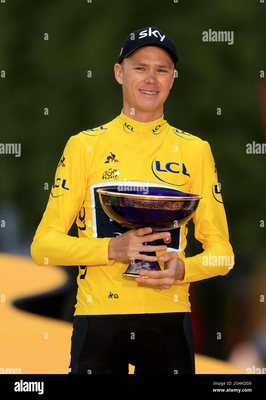 File photo dated 23-07-2017 of Team Sky's Chris Froome celebrates with his trophy after stage 21 of the 2017 Tour de France in Paris. Issue date: Tuesday June 22, 2021. Stock Photo