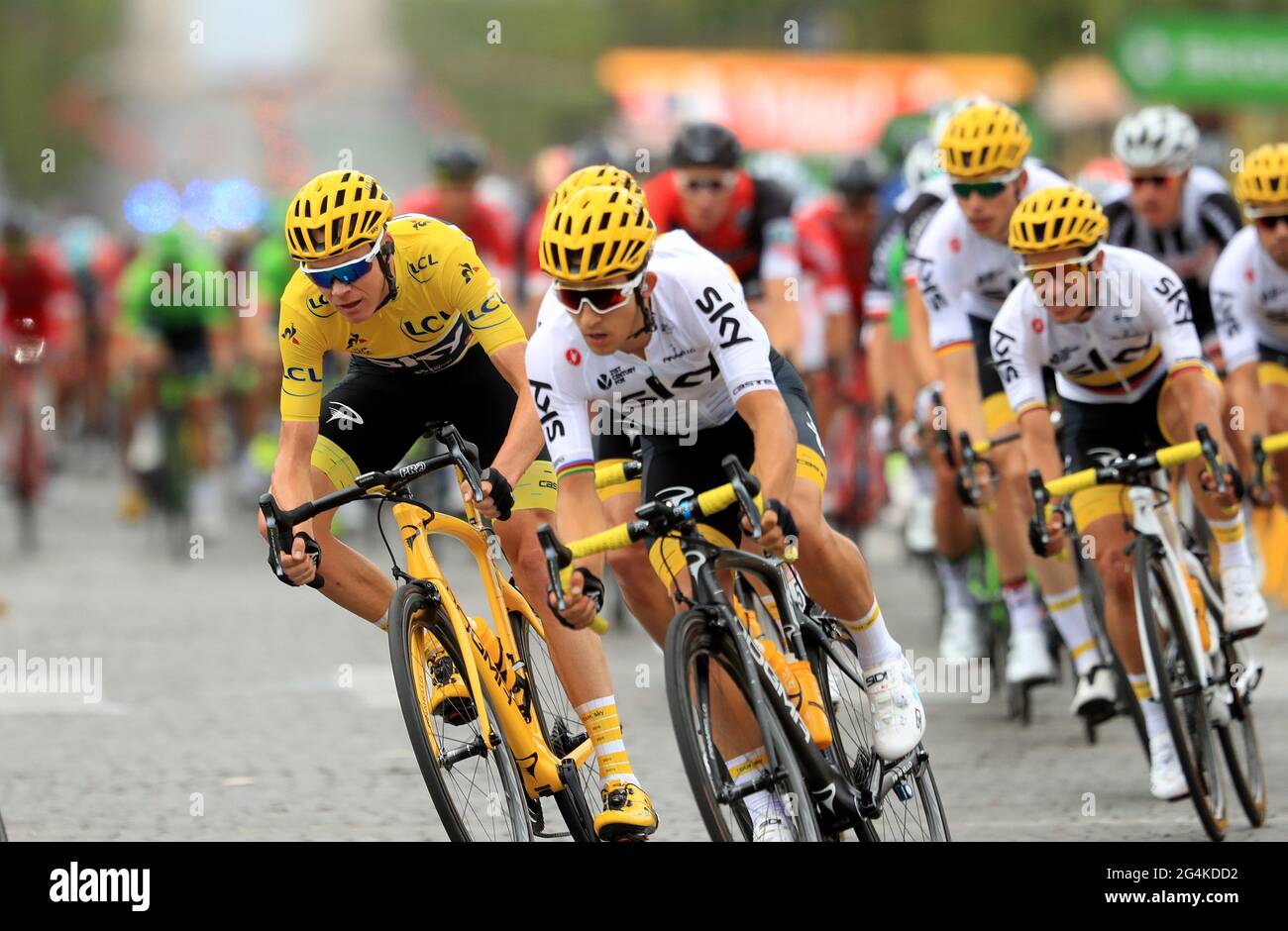 File photo dated 23-07-2017 of Team Sky's Chris Froome (left) during stage 21 of the 2017 Tour de France in Paris. Issue date: Tuesday June 22, 2021. Stock Photo