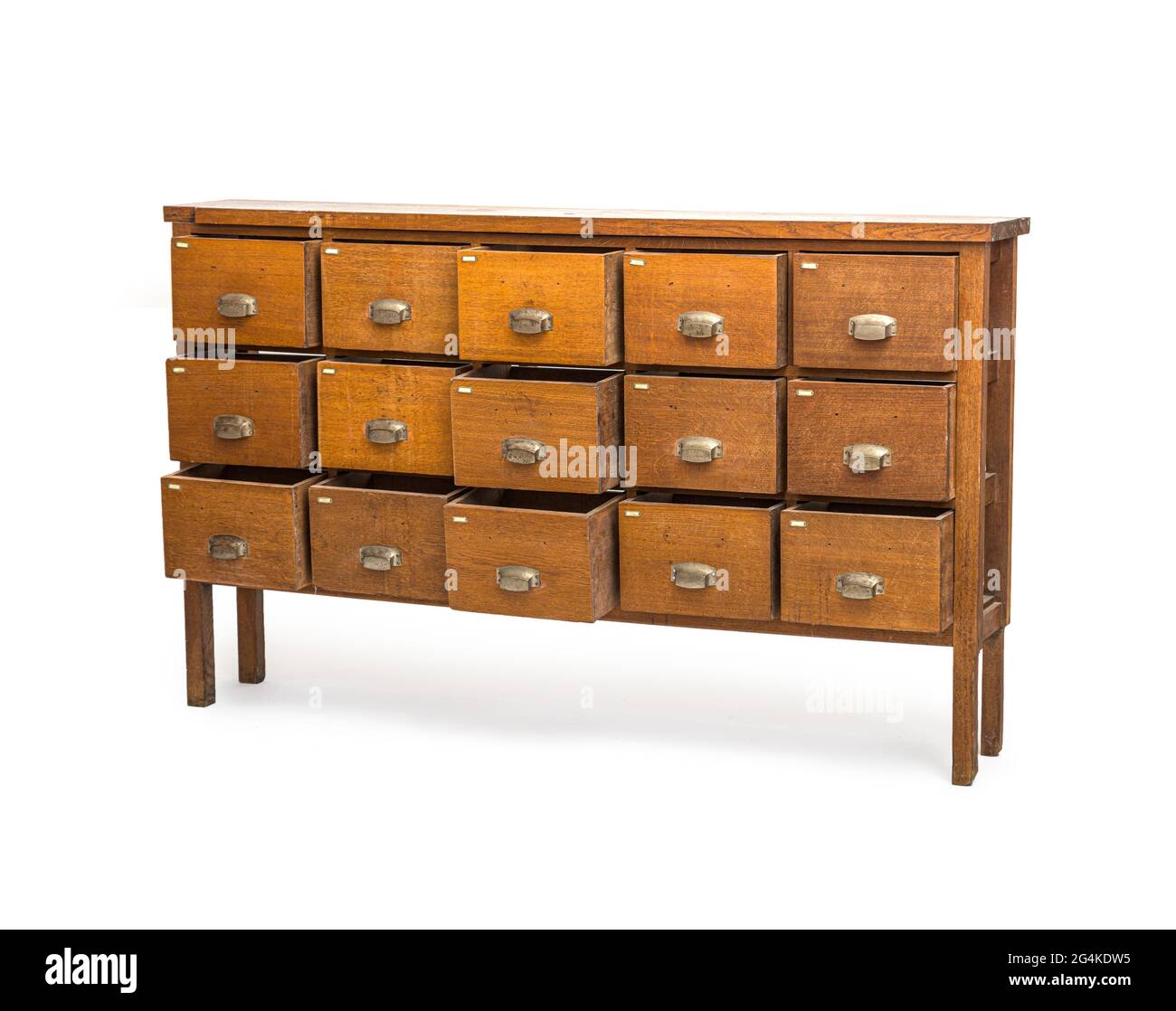 ancient wooden chest with opend drawers isolated Stock Photo