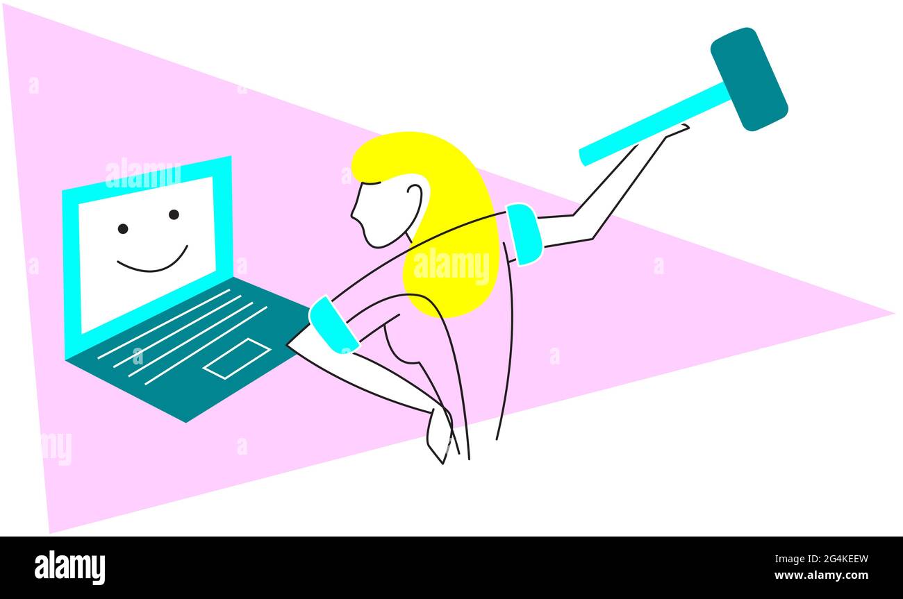 An ungry woman with hammer standing over a laptop. Stock Vector