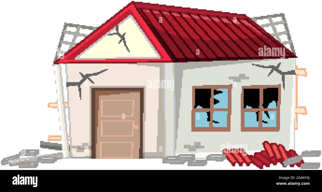 Broken House damaged by earthquake isolated on white background