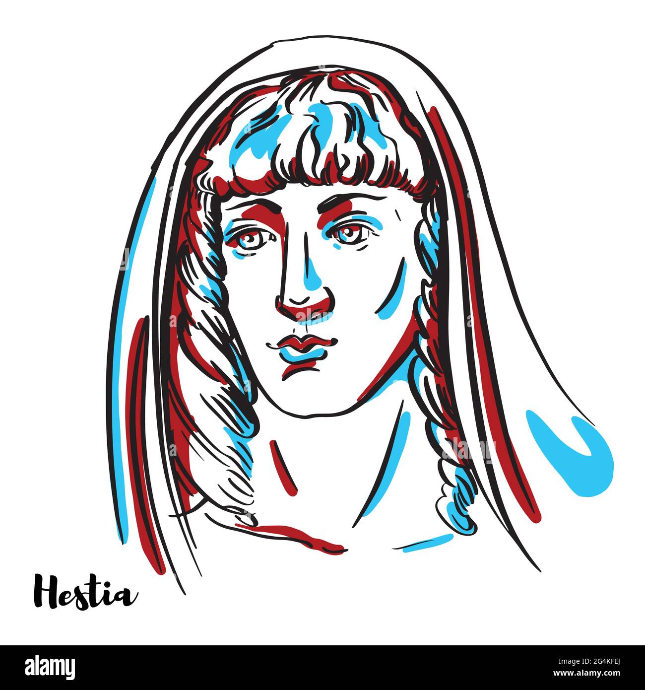 Hestia engraved vector portrait with ink contours on white background