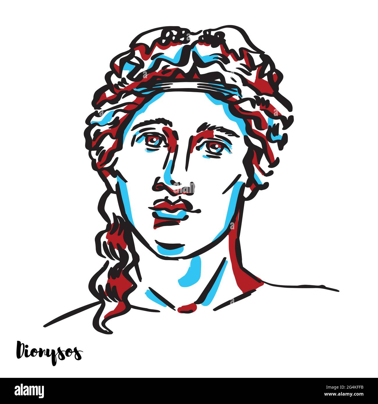 Dionysos engraved vector portrait with ink contours on white background. Dionysus is the god of the grape-harvest, winemaking and wine, of fertility, Stock Vector