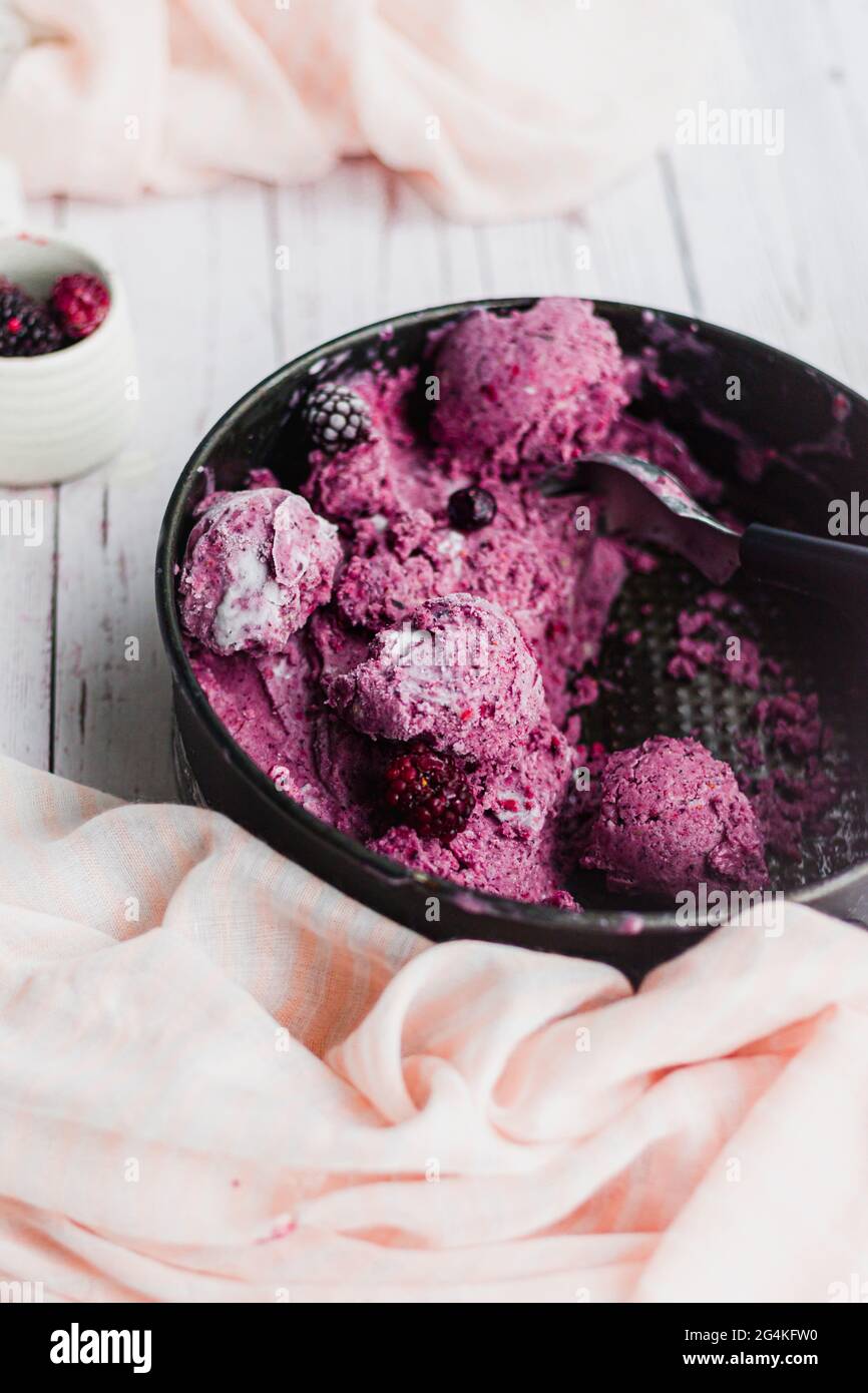 Blackberry and Raspberry Dairy-free ice cream made with coconut cream base and frozen summer berries Stock Photo